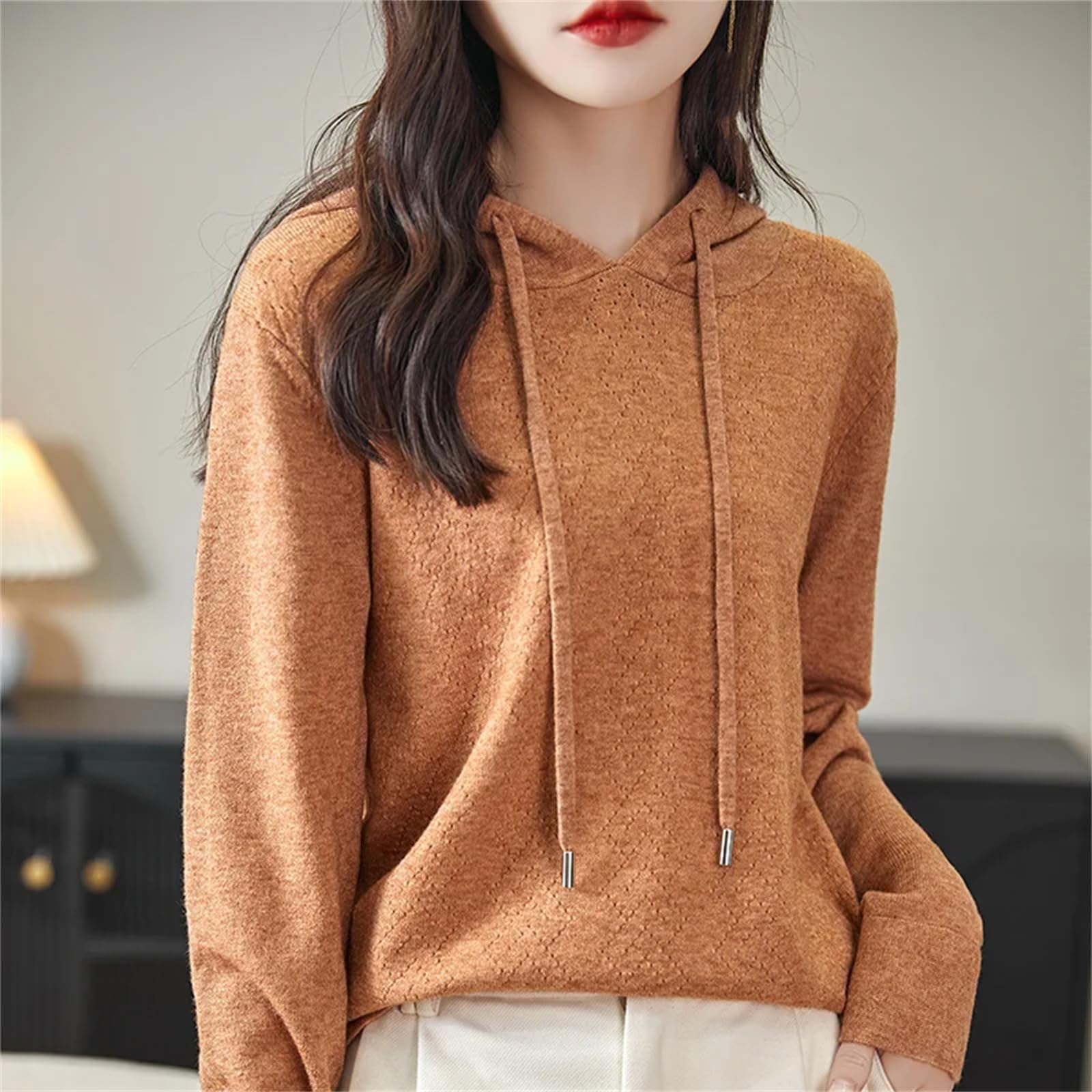 Pullover da donna con cappuccio in cashmere primaverile maglione con cappuccio sciolto felpa con cappuccio a maglia rosso lampone, Rosso lampone., XS
