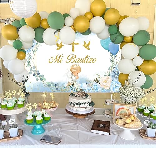 Miniatura 5 de Lexfvpoo Mi Bautizo - Telón de fondo de bautismo para la primera comunión, decoración de bautizo, flor azul, lindo ángel Dios bendiga fondo para