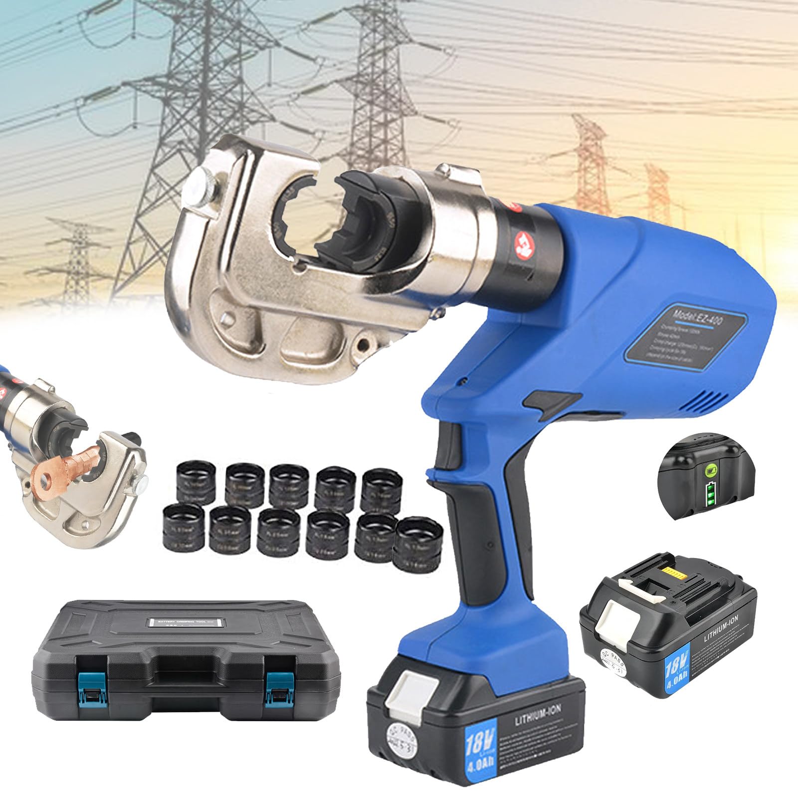 Pinza crimpatrice idraulica 16-400 mm², crimpatrice idraulica Ricaricabile per terminali in Rame e Alluminio, con Batteria 4.0ah e 1 Funzione di ripristino Chiave