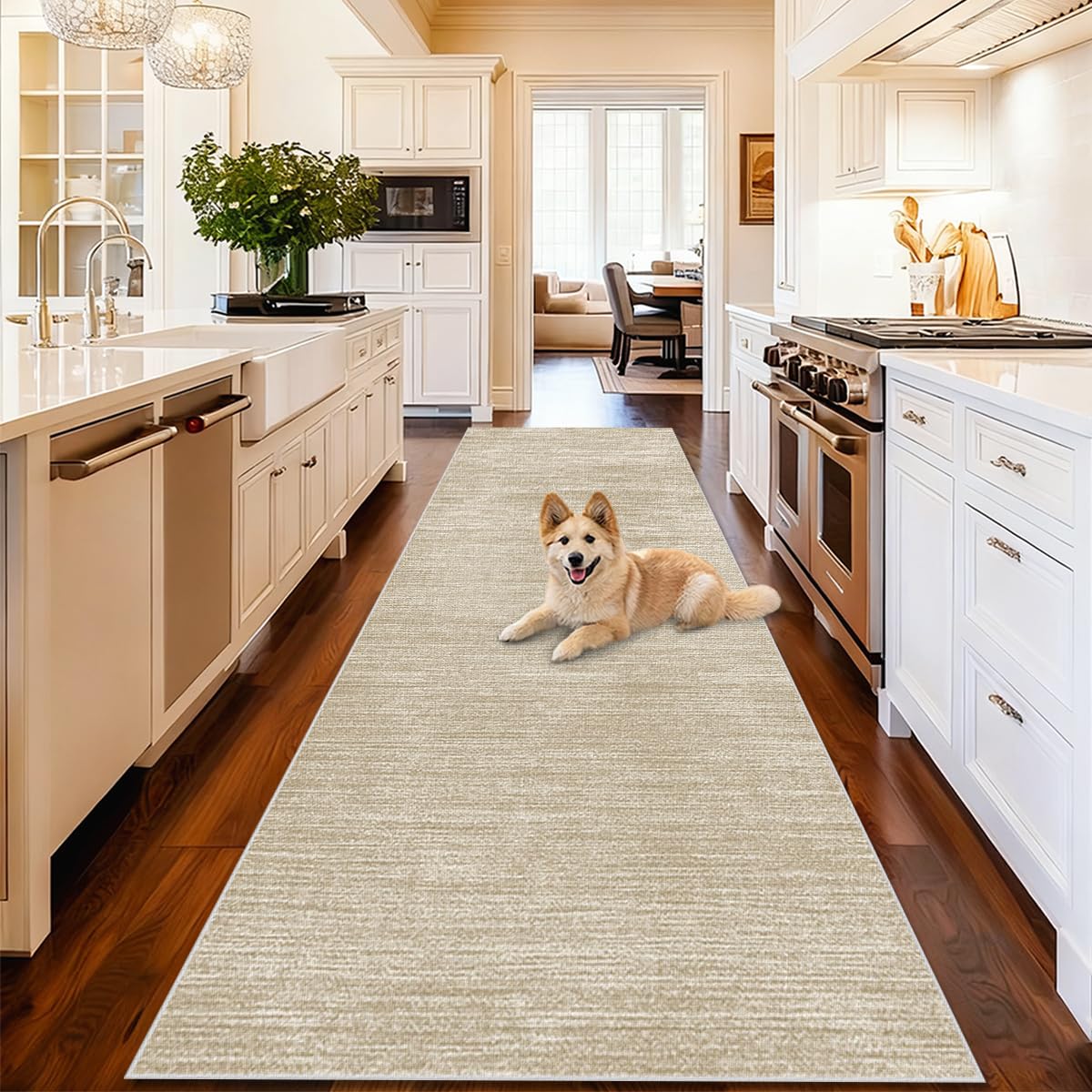 Teppich Läufer Flur rutschfest Küchenteppich Waschbar Langer Teppich Läufer Flur Teppichläufer Flurteppich Läufer Lang Fußmatte Groß Teppich Küche Flurläufer 90 x 500cm Beige