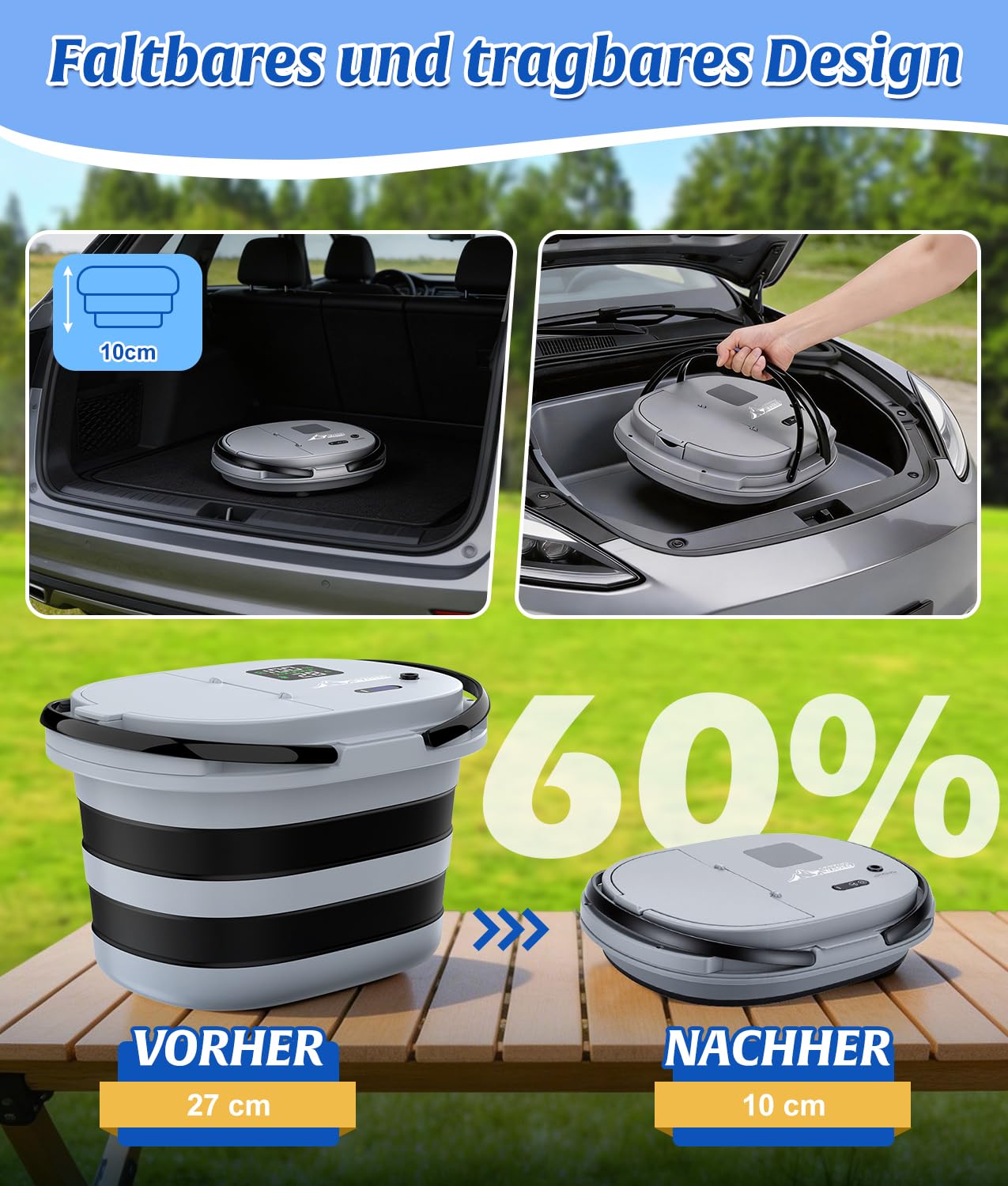 WADEO 2026 Campingdusche mit integrierter Pumpe 13000 mAh faltbarer Wassereimer 5 Geschwindigkeitsstufen 4 Strahlarten