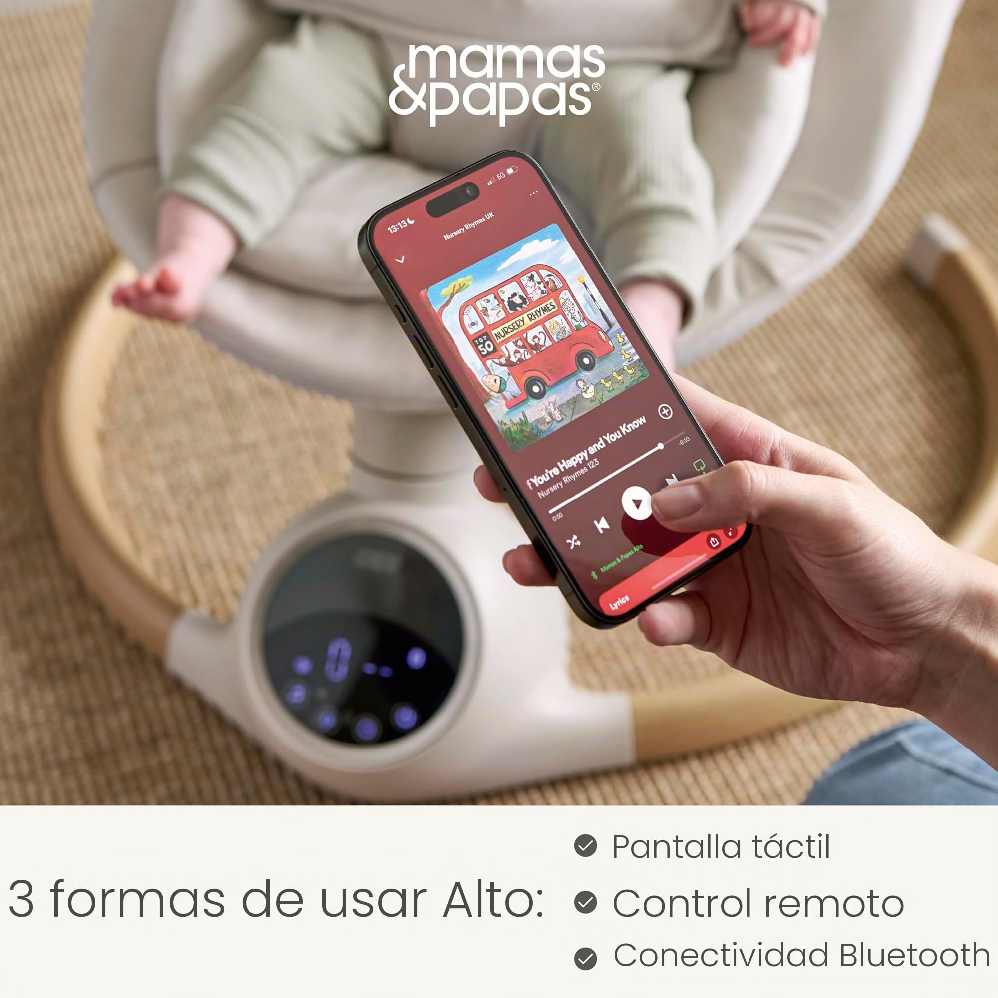 Mamas & Papas Alto Smart Baby Swing, Pantalla táctil, multivelocidad, melodías, Bluetooth y Control Remoto, Cachemira