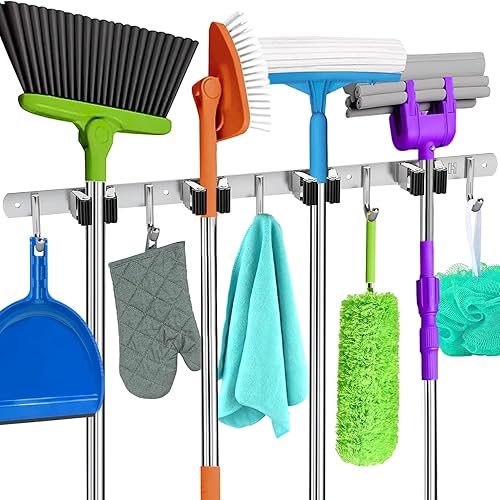 Homely Center Soporte de pared para fregona y escoba, organizador de armario de escoba resistente para garaje, cocina, organización de lavandería,