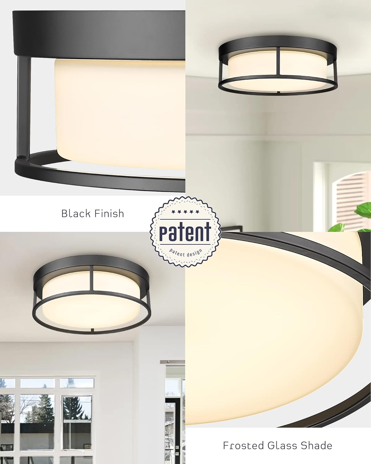 CALDION Ceiling Light Fixture, 12 Inch 24W 950 Lumen LED Flush Mount Light Fixture, Dimmable 3000K, Black Finish with Frosted Glass, Square Ceiling Lamp for Bedroom, Kitchen, Hallway, 6870LFM-BK