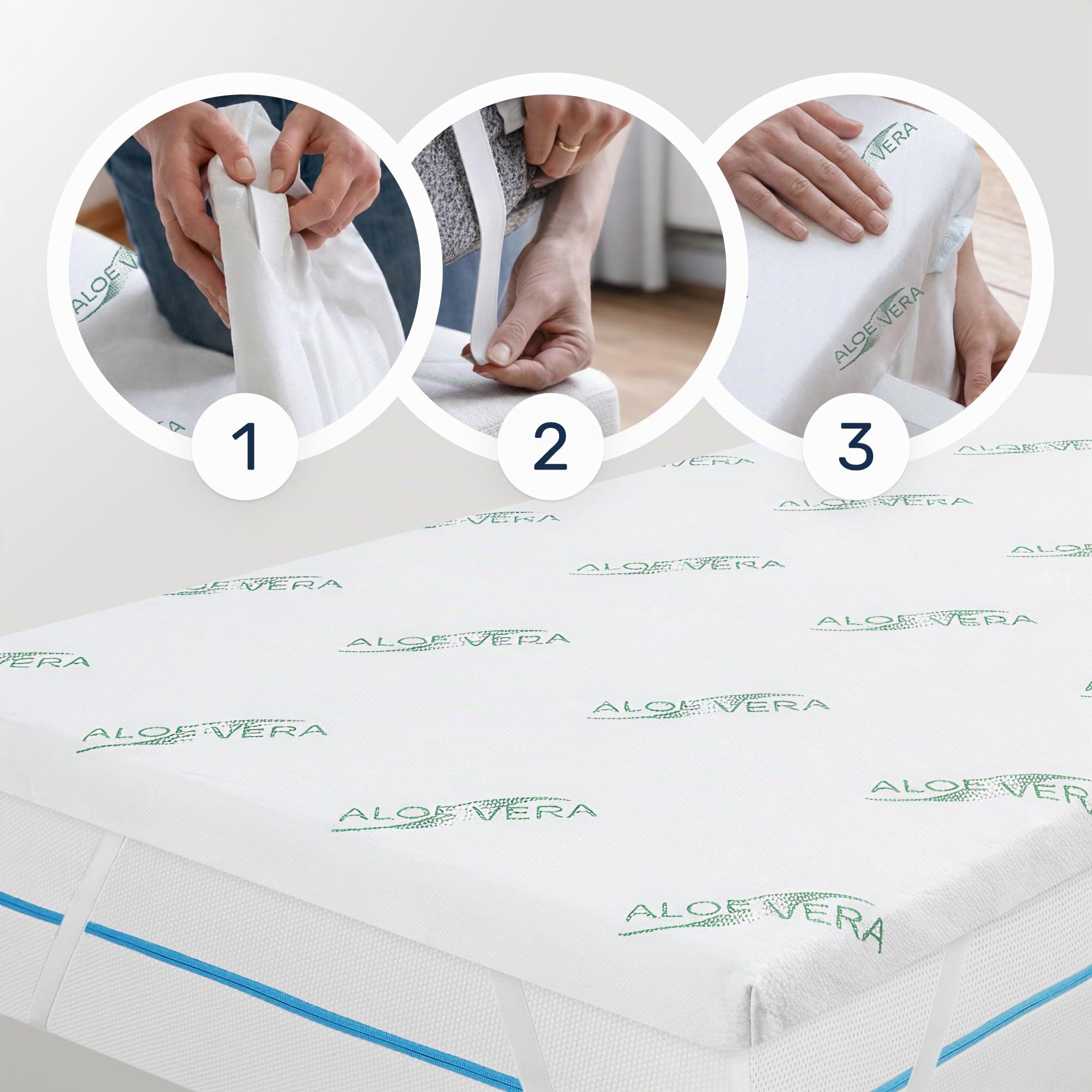 Dailydream Topper Viscoelástico 90x200 cm, Memory Foam, 5 cm de Alto | Edición Aloe Vera, sobrecolchón viscoelástico con funda suave al tacto, base antideslizante y correas elásticas.