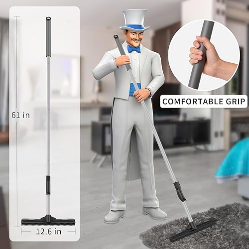 Miniatura 2 de MR.SIGA Escoba de goma para depilación de mascotas con escoba incorporada, cepillo de piso 3 en 1 para alfombra, mango ajustable de 61 pulgadas,