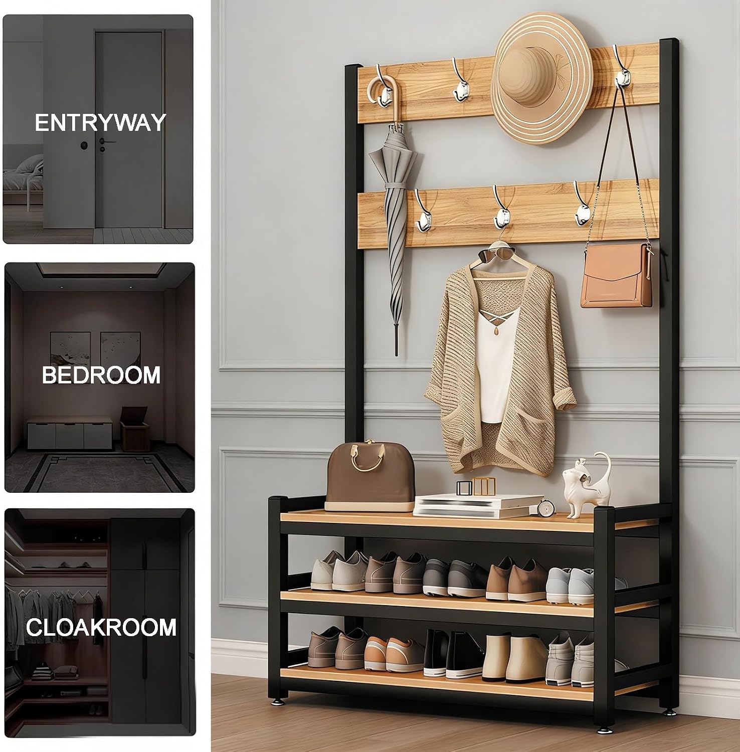 Jcgly Entryway Coat Rack Shoe Bench, 3-in-1 Hall Tree with Storage Shelves & Hooks, Sturdy Steel Frame and Solid Wood(Brown,60cm/23.6in)