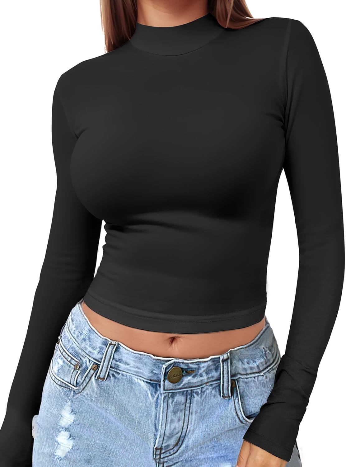 Womens Long Sleeve Crop Top Mock Turtleneck Sexy Slim Fitted Casual Base Layer Lightweight Soft Shirt Going Out Teen Sexy Top