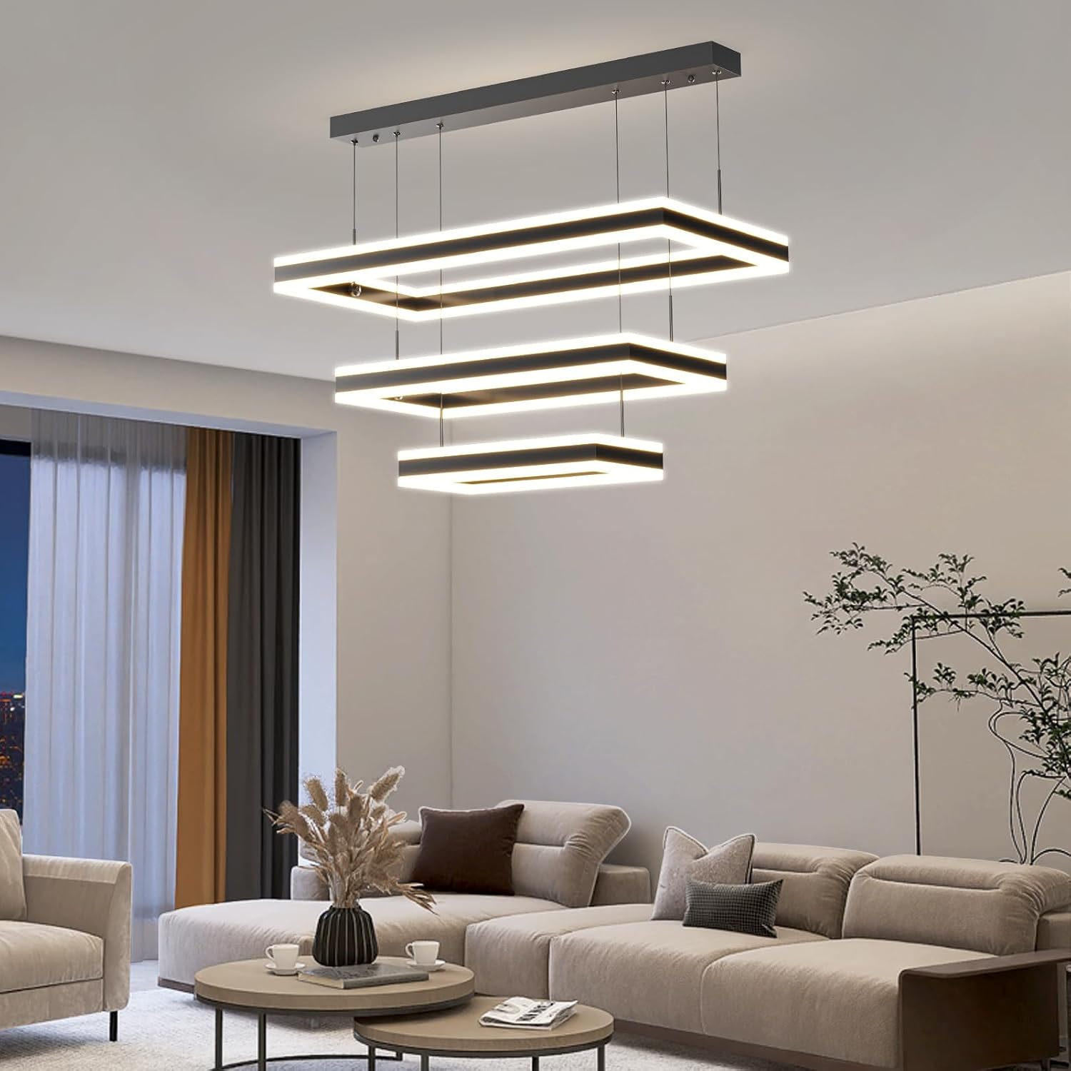 Modern Chandelier, 3 Layer Rectangle Pendant Light Fixtures, 3000K-6500K Dimmable Kitchen Island Chandelier, Adjustable Height Ceiling Hanging Led Light for Dining Room, Living Room, Foyer