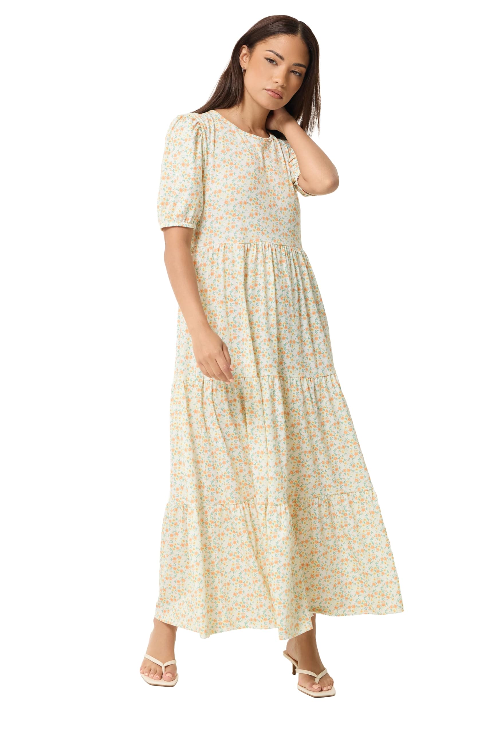 PixieGirl Women's Petite Ditsy Floral Tiered Maxi Dress in Lemon | Size: 14