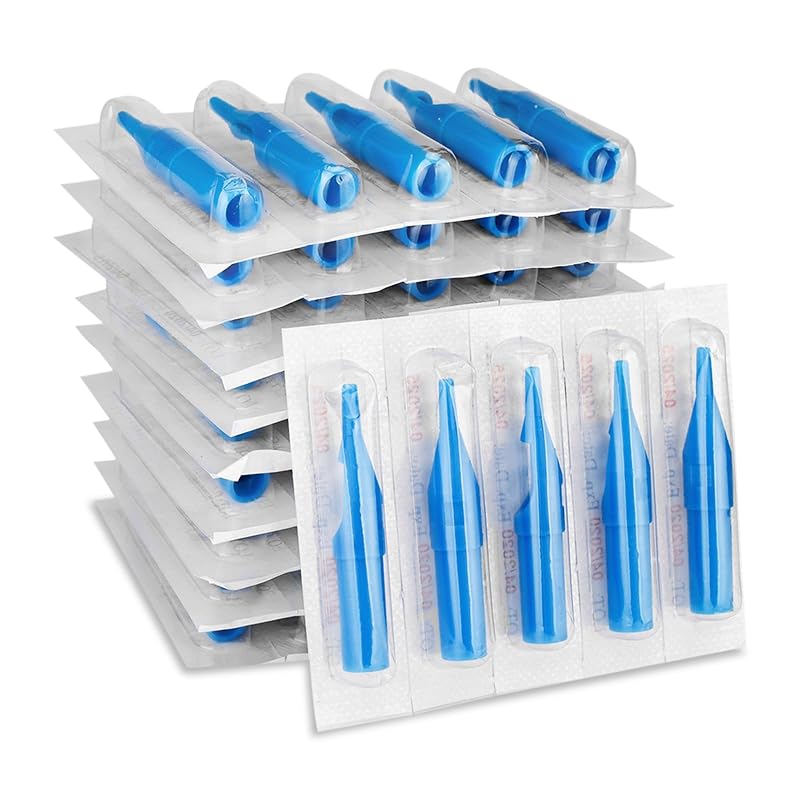 BAMTTOO Conjunto com 50 pontas descartáveis para agulhas de tatuagem, azul, 3DT, 5DT, 7DT, 9DT e 11DT, ponta plástica 9RT
