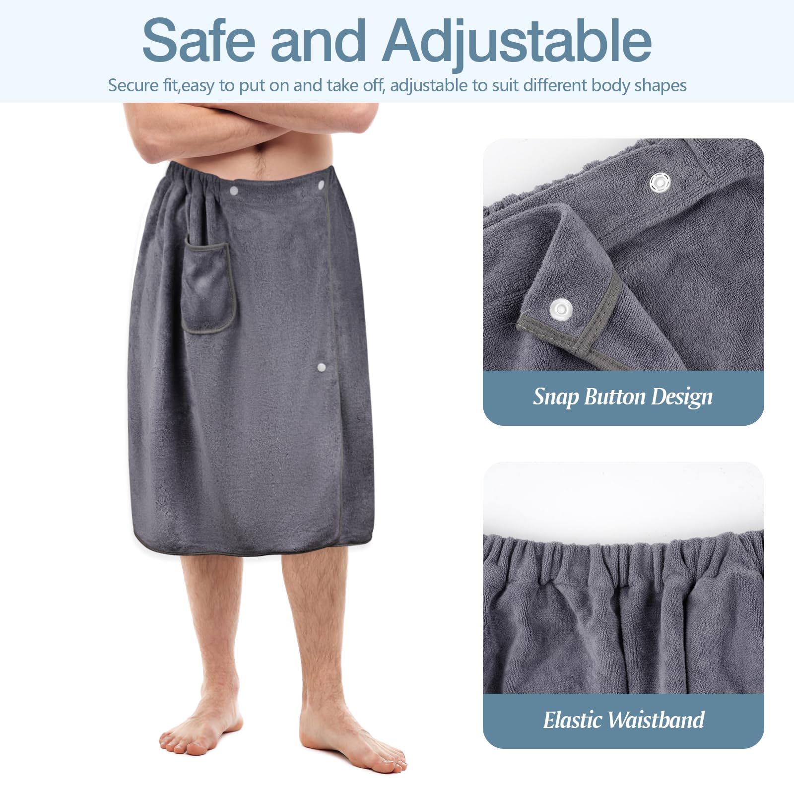 Maxmoc Serviette de sauna réglable pour homme, grande serviette de sauna, à séchage rapide, en microfibre, avec boutons-pression et poches, pour salle de gym, douche, sauna (70 x 140 cm, gris)