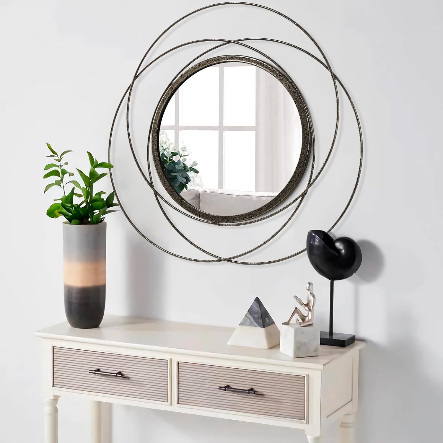 Circle Mirror for Wall with Iron Metal Wire Frame Wall-Mounted Mirror for Home Decor Living Room Bedroom Bathroom Entryway Large Brass 24" x 24" image 5