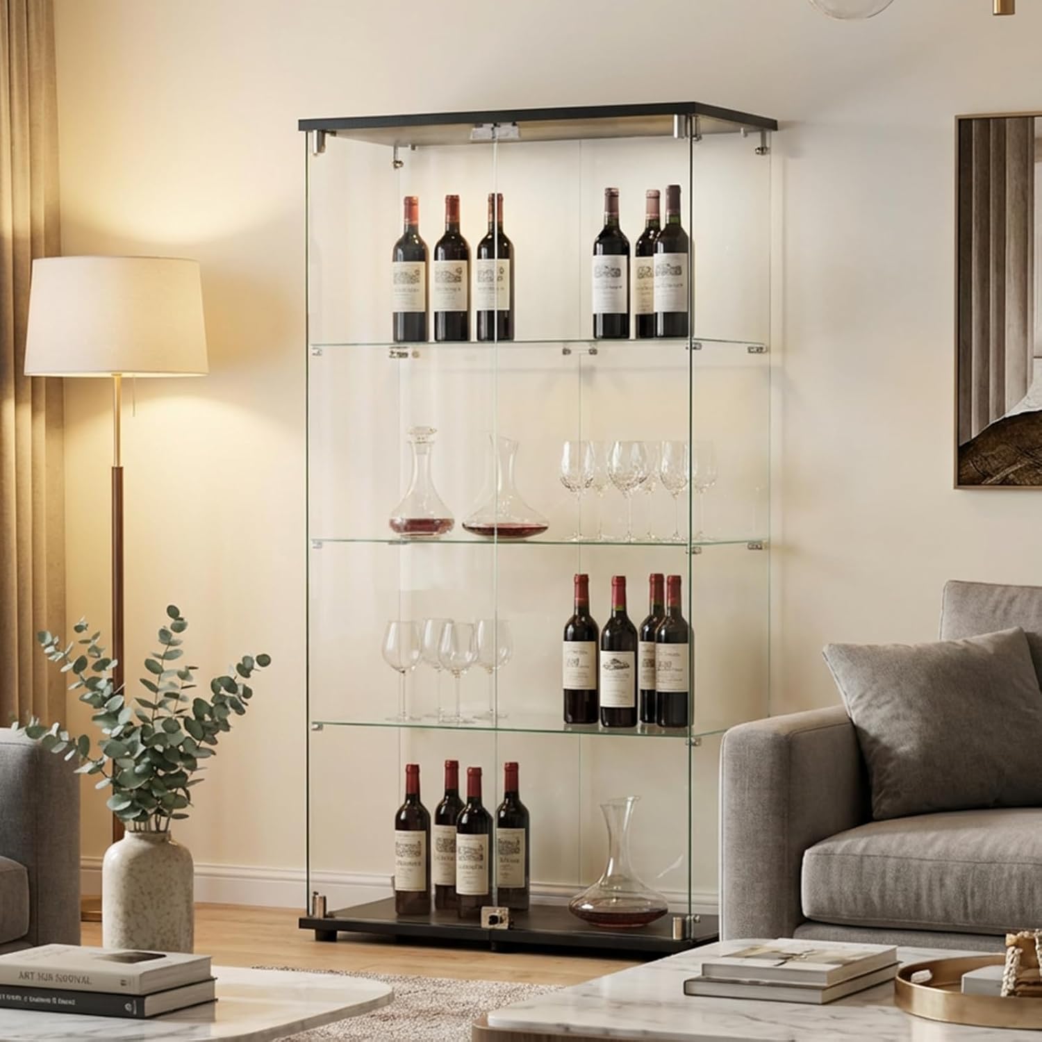 BEAUTYPEAK Tempered Glass Display Cabinet, 4-Tier Curio Cabinet with Glass Doors and Lock, Glass Display Case for Collectibles, for Living Room, Double Door, Black