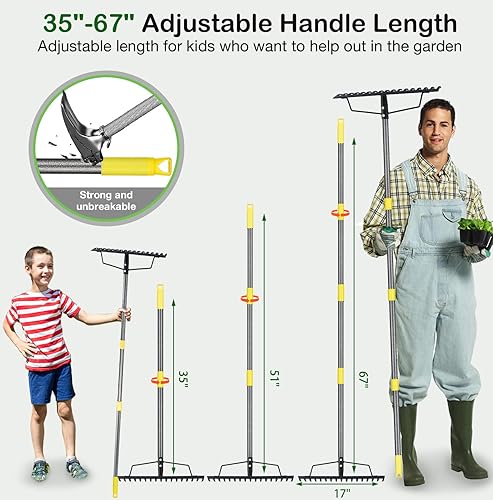 Miniatura 5 de Rastrillos de hojas de jardín de 5.58 pies para césped, resistentes con cabeza de metal de 17 dientes, mango de acero ajustable, rastrillos de 17