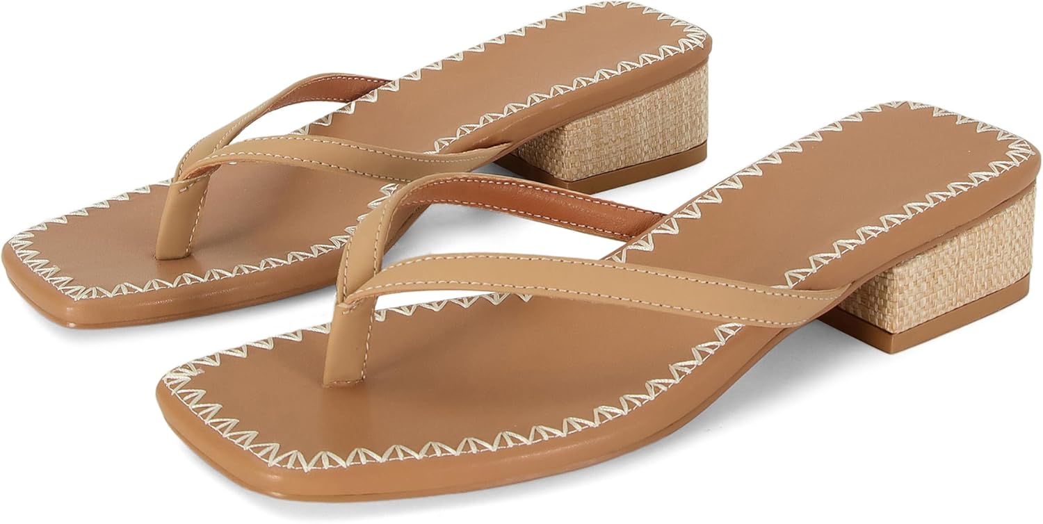 DOEYG Raffia Heels Sandals Summer Beach Flip Flops Heels Square Open Toe Heeled Sandals Dressy Comfortable Slip on Thong Sandal Size 6 - Image 4