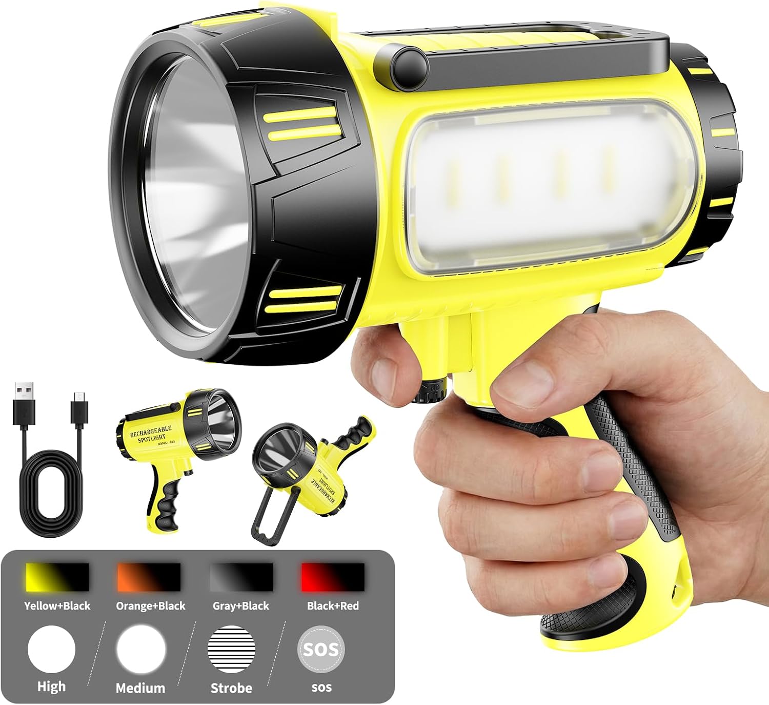 Rechargeable Spotlight, Super Bright 100,000 Lumens LED Long Lasting Large Flashlight Flood Light with Folding Mount for Hunting, Camping, Boat, Home Emergency Light (Yellow)