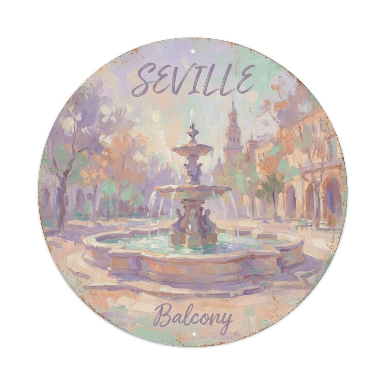 Vintage Travel Seville Spain Fountain Vintage Metal Tin Sign Plaque Wall Decor for Cafe, Club Bar, Office, Garden Metal Poster 8x8Inch