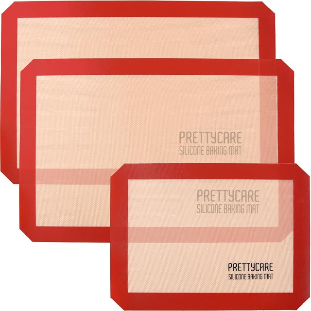 PrettyCare Silicone Baking Mat 3 Pack, Non Stick & Easy Clean Tapis Silicon Baking Sheet,Toaster Oven Liner, Reusable Baking Supplies for Pastry, Cookie, Macaroon Thick & Large 16.5" x 11"-RED