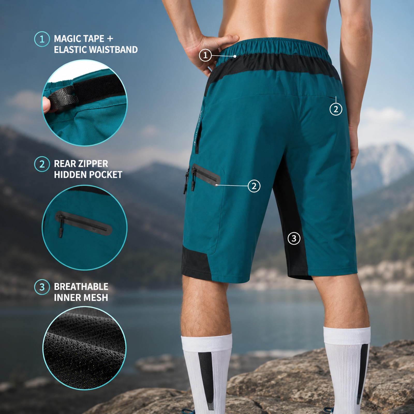 Pantaloncini Ciclismo Imbottiti Uomo con Gel 5D, Pantaloni Bici Traspiranti Asciugatura Rapida con Tasche, Vita Elastica Abbigliamento MTB Bici da Corsa per Lunghe Distanze