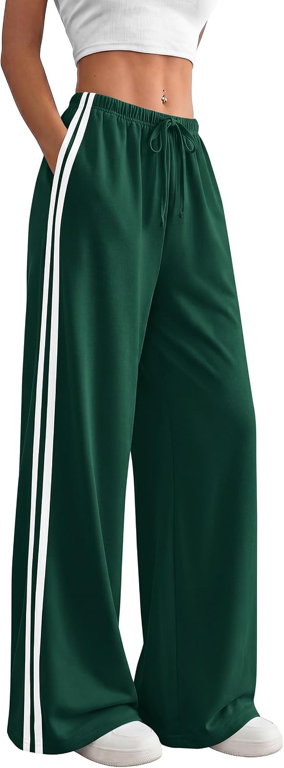 PRETTYGARDEN Womens Wide Leg Sweatpants Striped Drawstring Waist Casual Athletic Track Sports Pants Trousers Workout Clothes