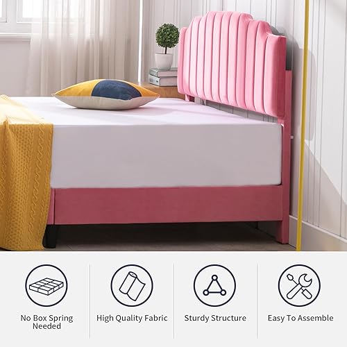 Miniatura 4 de Zafly - Marco de cama de tamaño matrimonial para niños con cabecera y estribo, marco de cama para dormitorio infantil, plataforma de cama tapizada