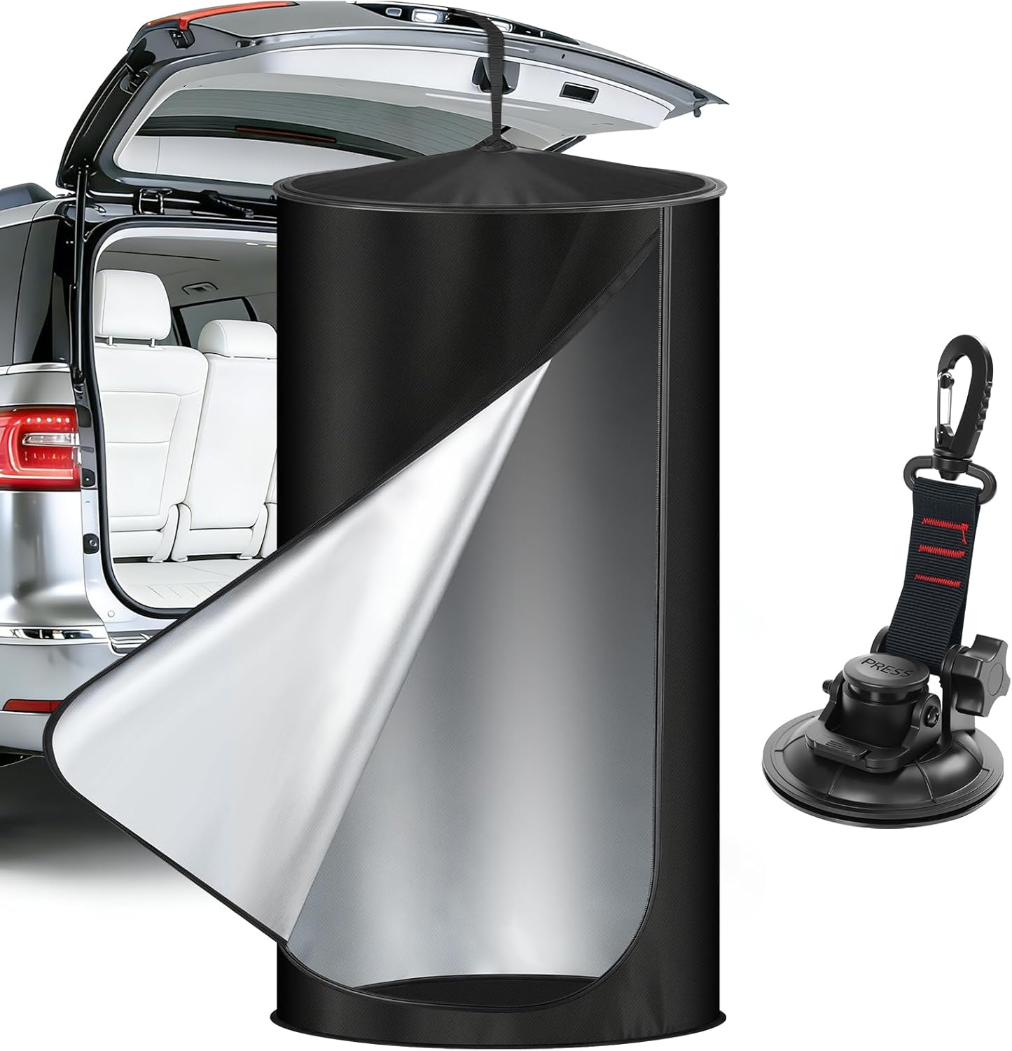 Pop Up Privacy Tent for Car, 69in Portable Camping Shower Tent with Liftgate Suction Pod and Hanging Straps, 210D Silver Coating Outdoor Instant Bathroom Toilet Tents with Carry Bag