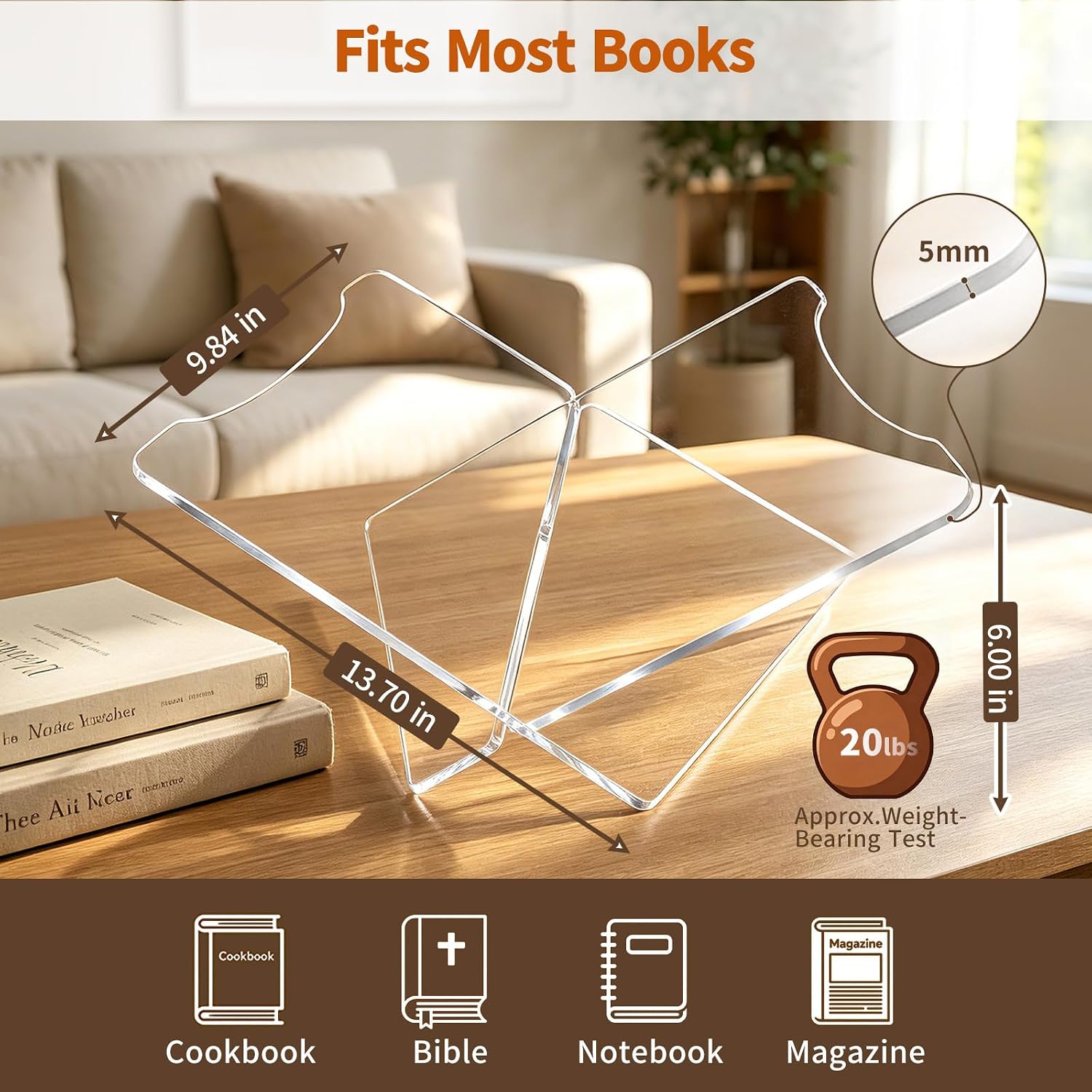 Acrylic Book Stand for Display, Clear 5mm Book Holder, 13.7 x 9.8 x 6 in