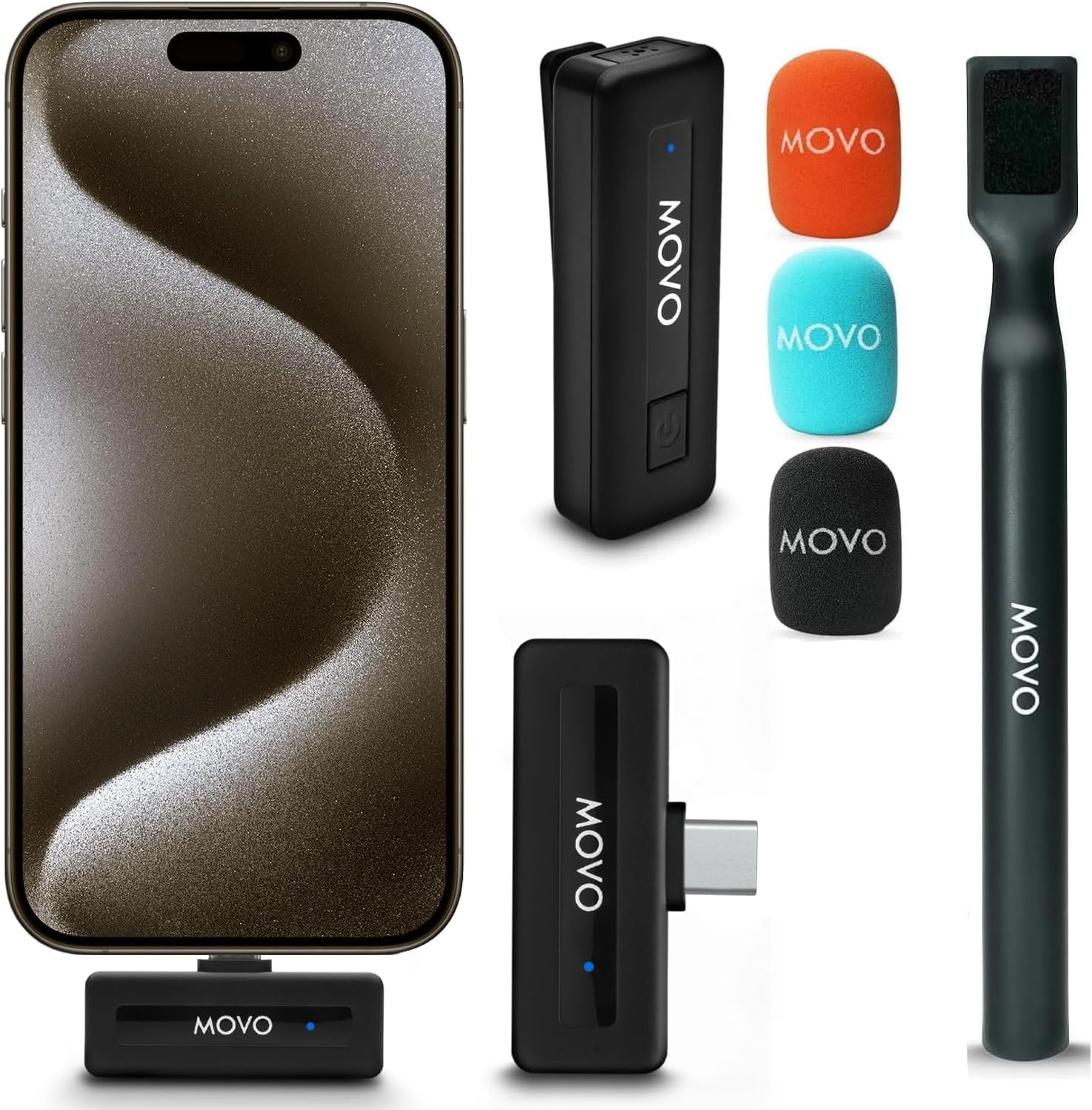 Movo Wireless Mini UC Ultra Compact Wireless Lavalier Microphone for iPhone 15 with WMX-HM Handheld Adapter - Lapel Mic with Handle Mount for Content Creators, Interviews, Reporting