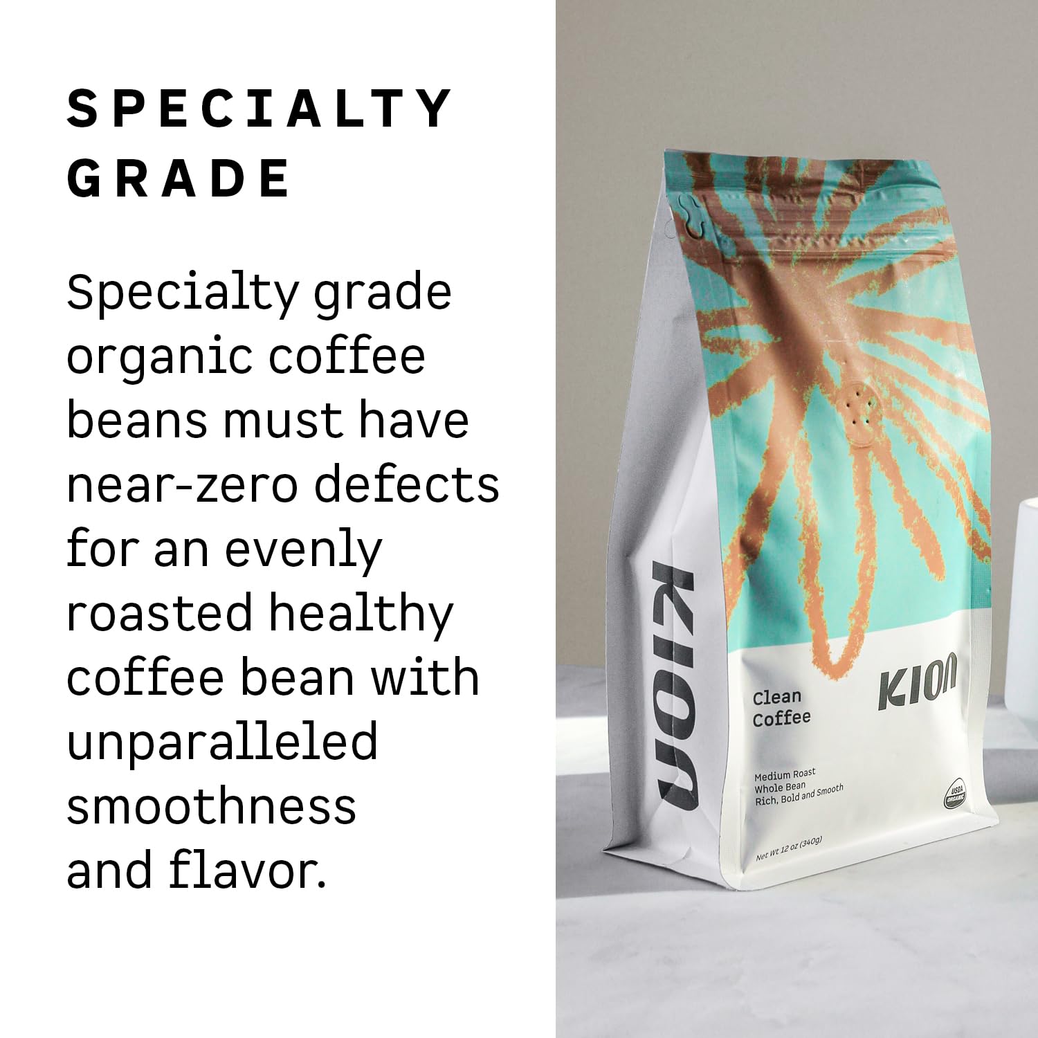 Kion Organic Whole Bean Coffee, Tested for Toxins, Ethically Sourced, Rich, Bold, and Smooth, Medium Roast 12 Oz (3 Pack)