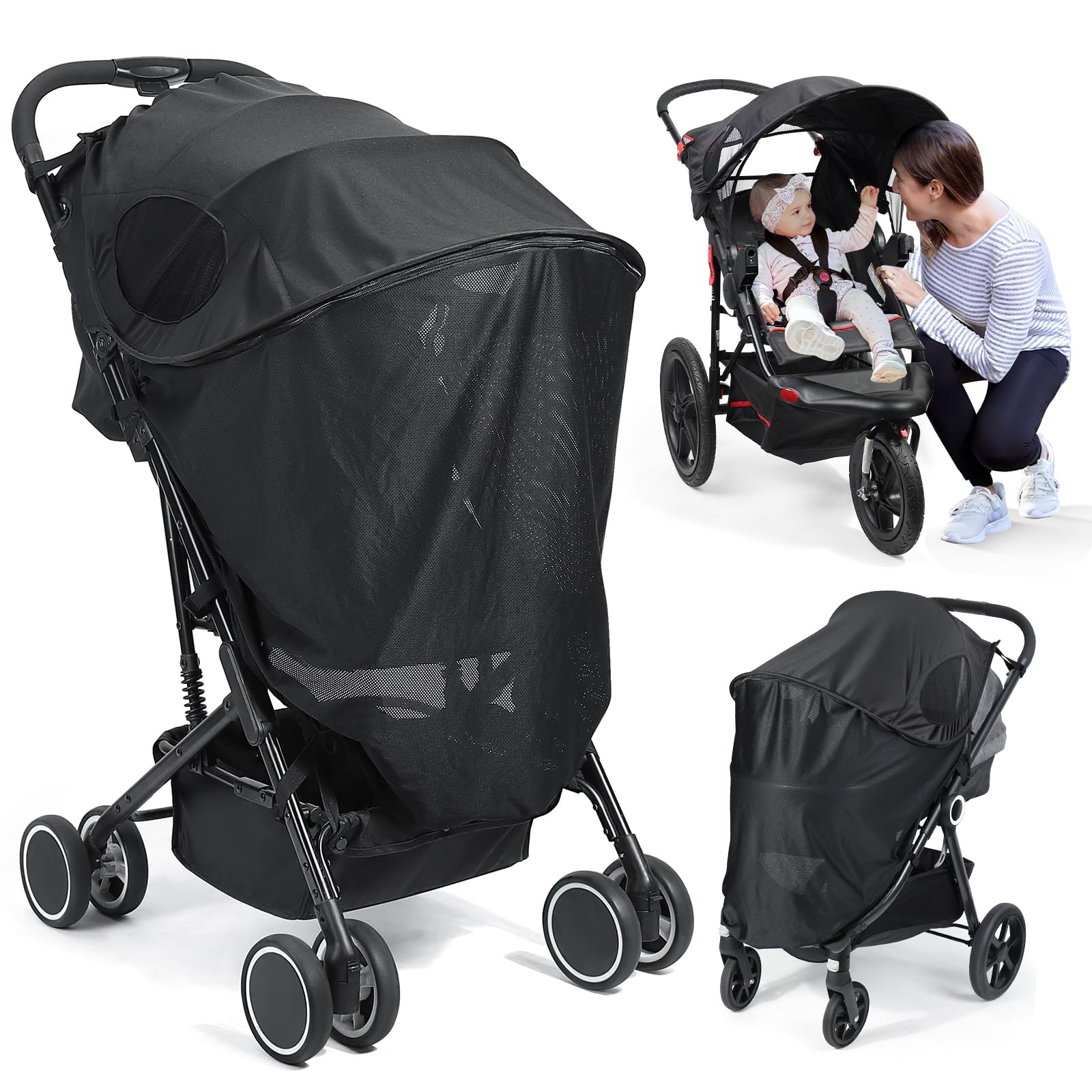 Orzbow Parasol Carrito Bebe Universal, Desmontable Parasol Carro Bebe con Cremallera, Plegable Parasol Cochecito Bebe con UPF 50+, Transpirable & Estable, Fácil Acceso, Negro