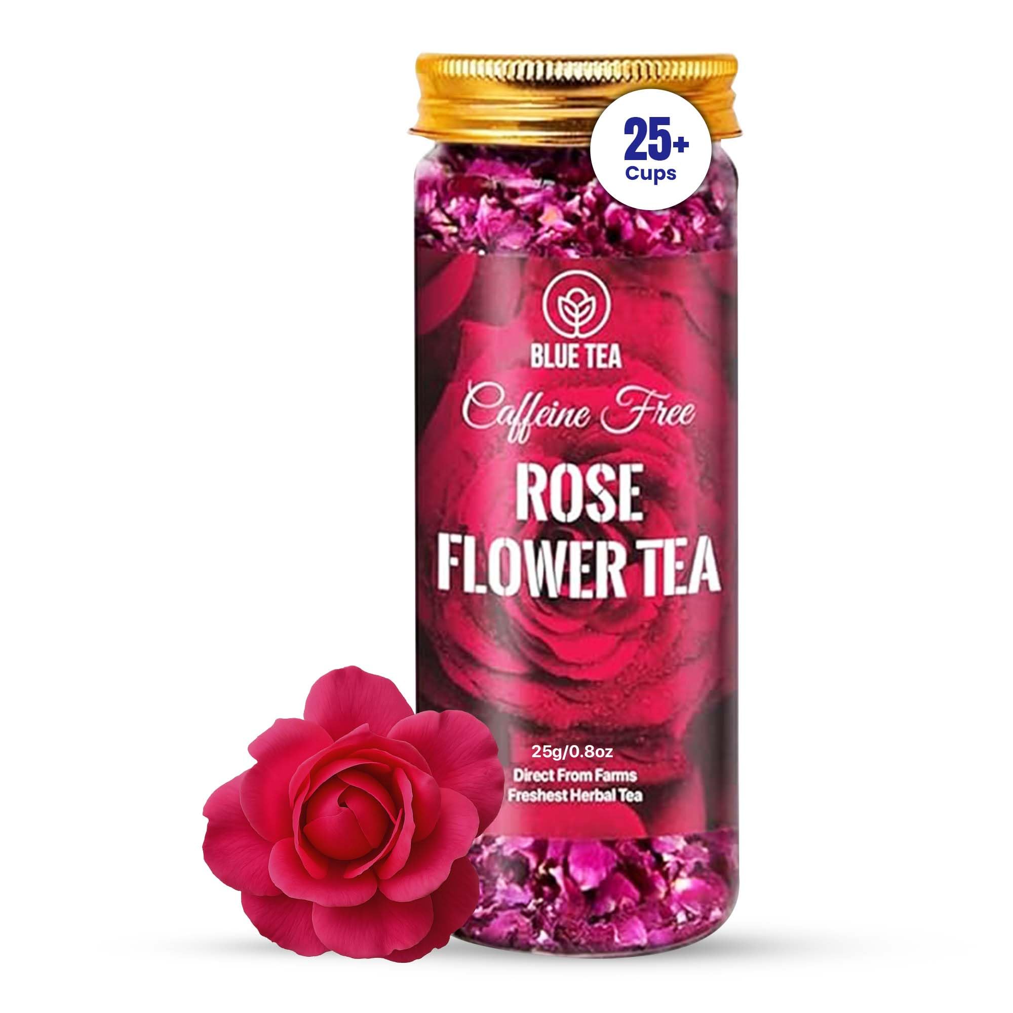BLUE TEA - Rose Tea - 25 Gram | FARM PACKED | Grade A - Natural Sun Dried Rose Flower Petals | Caffeine Free Herbal Tea - Recycled Food Grade Pet Jar |