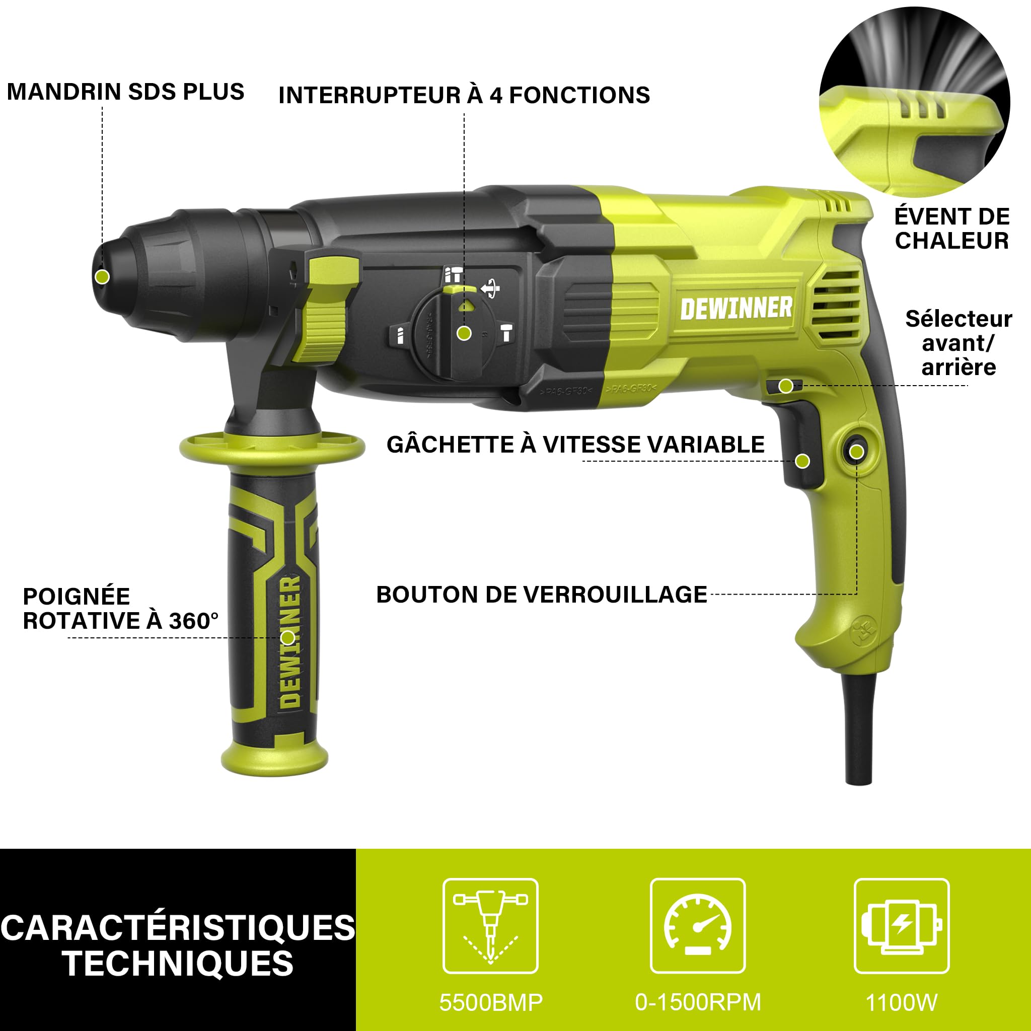 DEWINNER Marteau Perforateur 1100W 3.4 J, Marteau Perforateur 0-1500RPM/5500BPM avec 4 Fonctions et Embrayage de Sécurité, 20 Accessoires y compris la Scie Coche, Vitesse Variable, Béton, Acier, Bois
