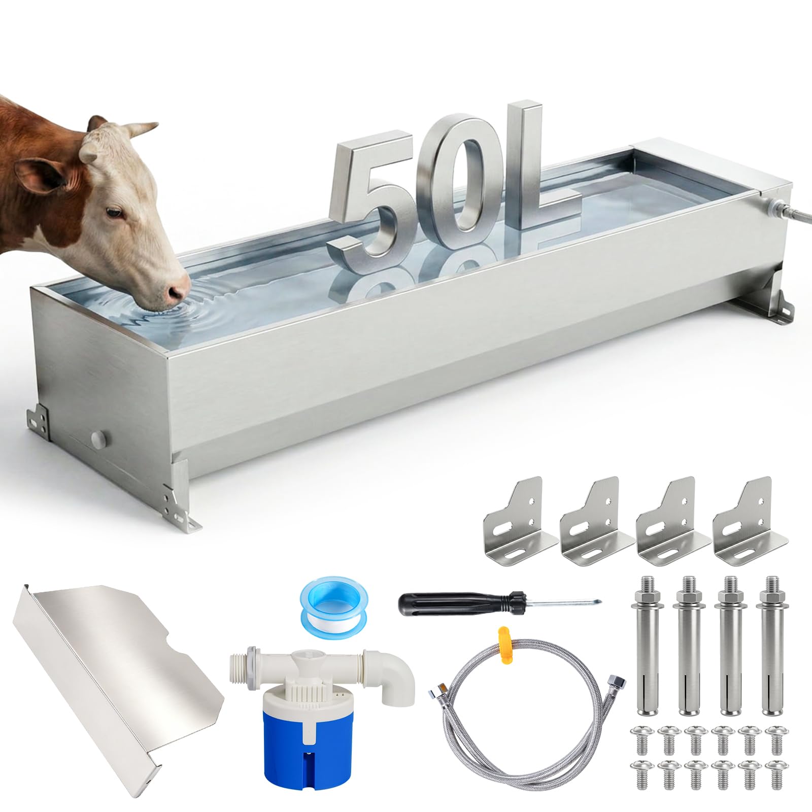 50L Automatische Tränkebecken, Edelstahl Tränkeautomat für Nutztiere & große Hunde, mit Schwimmerventil-Set, großvolumige Außentränke für Pferde, Schweine, Kühe und Ziegen