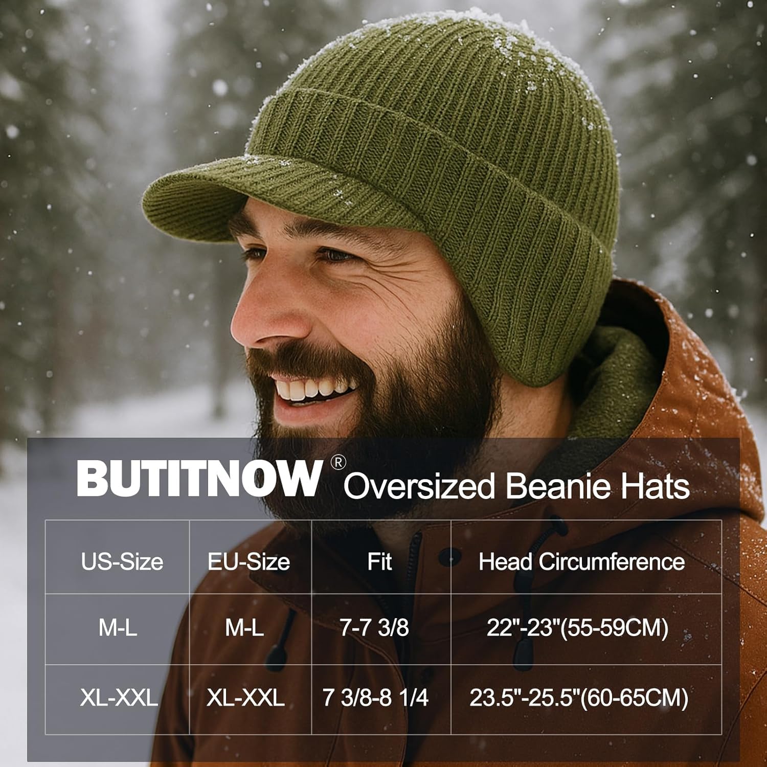 Plus Size M/L/XL/XXL Waterproof Merino Wool Beanie Hat with Brim Ear Flaps Fleece Lined Ski Cap for Cold Weather & Big Heads - Image 2