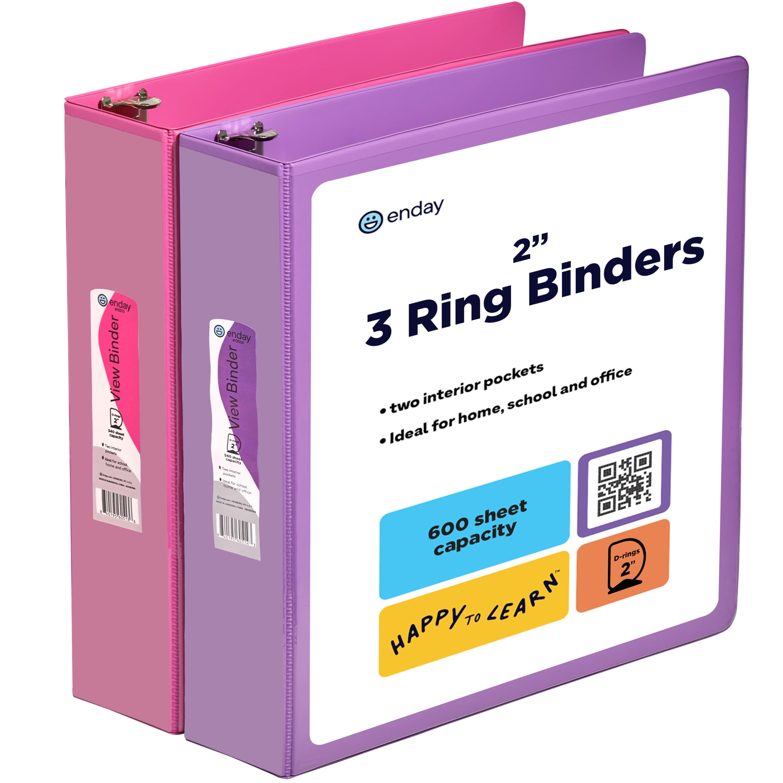 2 Inch Binder (2 Pack) Pink and Puple 2 Inch 3 Ring Binder, Clear View Cover with 2 Inside Pockets,Three Ring Binders for Home, Office and School