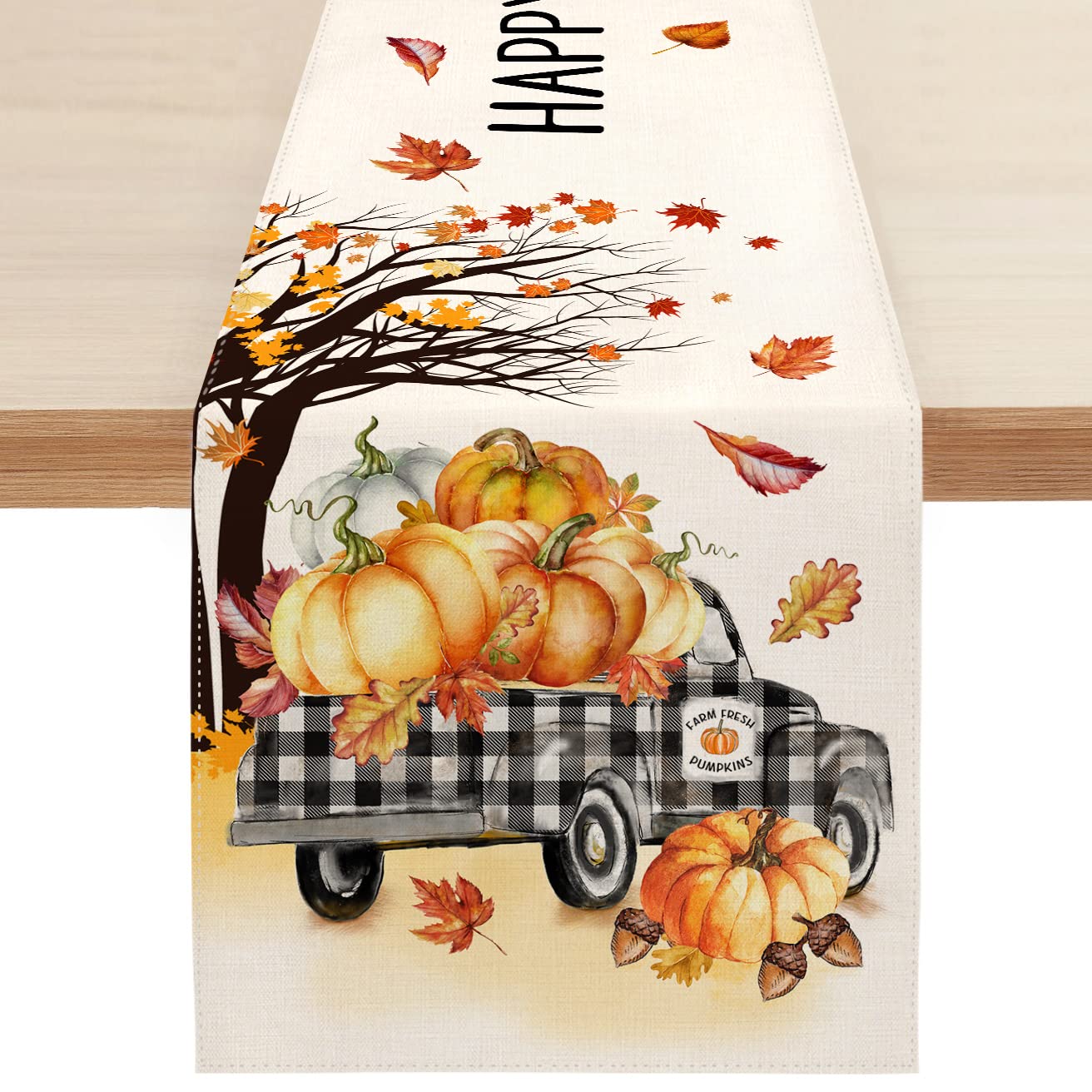 SamboskHappy Fall Pumpkin Table Runner, Autumn Farm Truck Thanksgiving Table Runners for Kitchen Dining Coffee or Indoor and Outdoor Home Parties Decor 13 x 72 Inches SK080