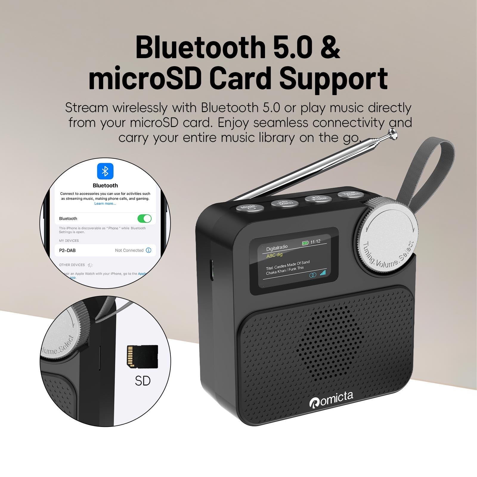 Romicta Radio DAB/DAB+ con Bluetooth 5.0, display a colori, slot per schede MicroSD, sveglia e timer, ricaricabile, ideale per casa e in viaggio