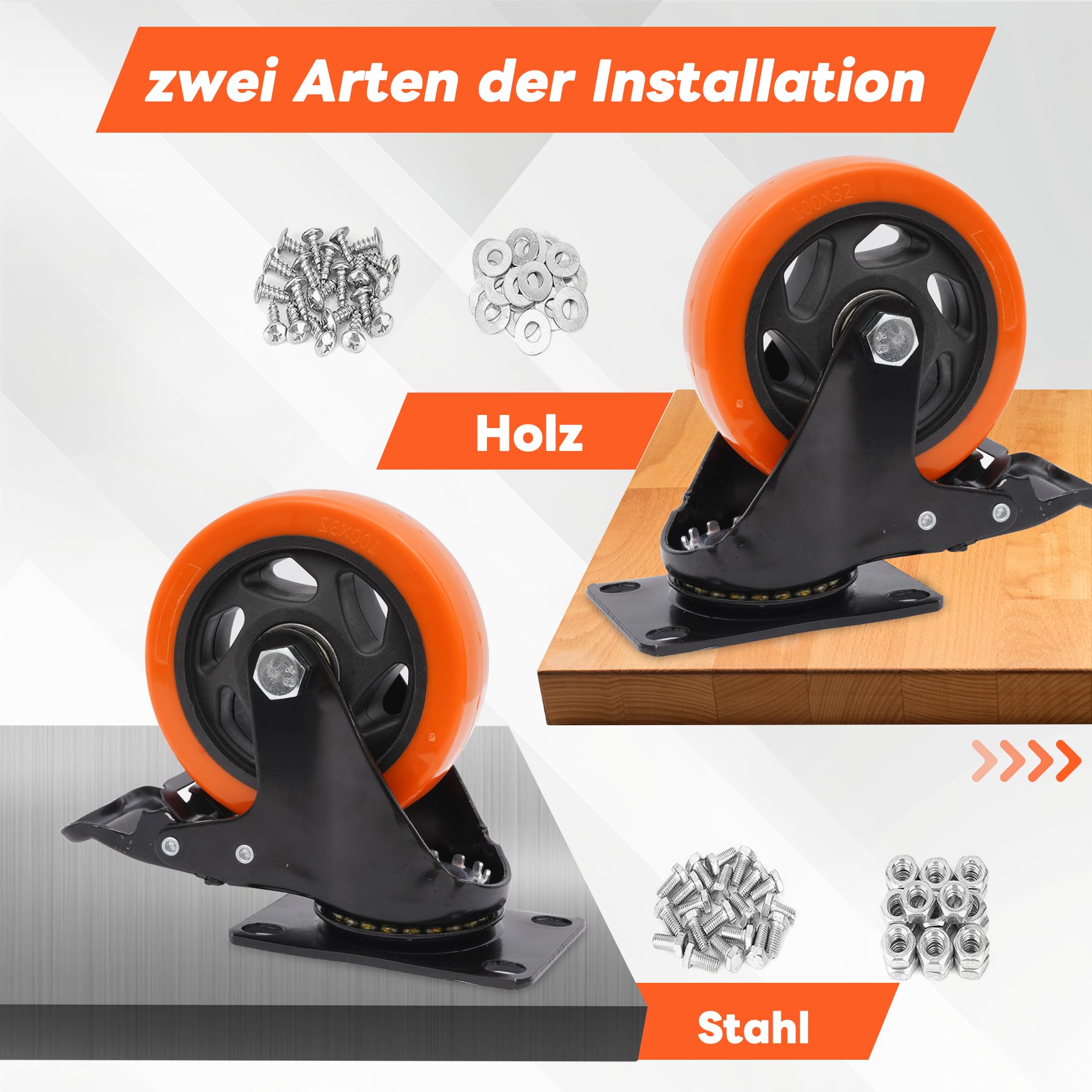 Nisorpa 4 Stück Lenkrollen 100mm mit Bremse bis 1000kg 360°Rotating Polyurethan Möbelrollen Orange Schwerlastrollen Rollen Schwerlast mit Doppeltes Schloss Transportrollen 100mm für Wagen