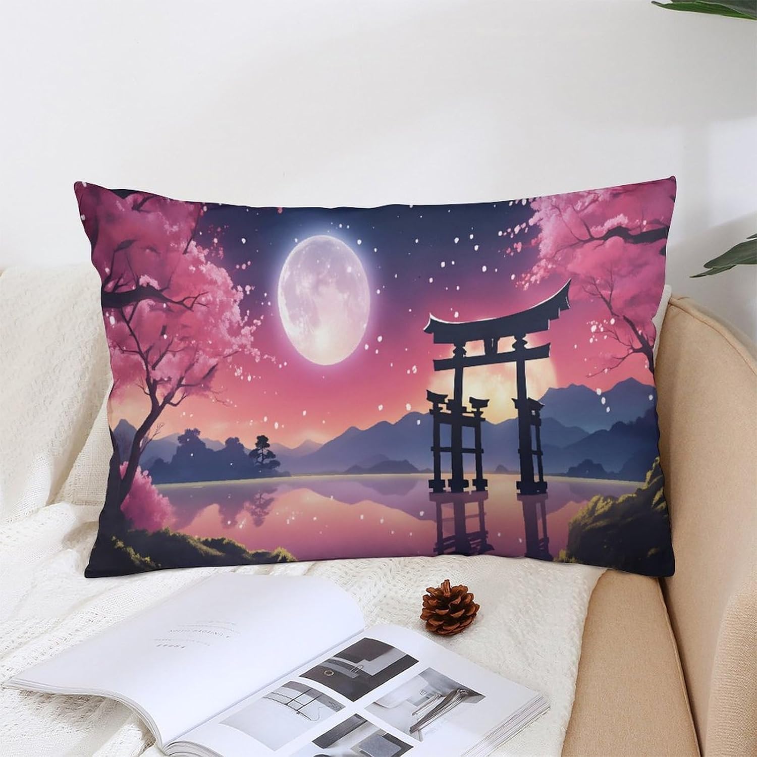 Japanese Anime Cherry Blossoms Queen Pillow Cover 20"x30", Soft Brushed Microfiber Long Pillow Case, Decorative Cushion Shell with Hidden Zipper for Bed Sofa Home Decor
