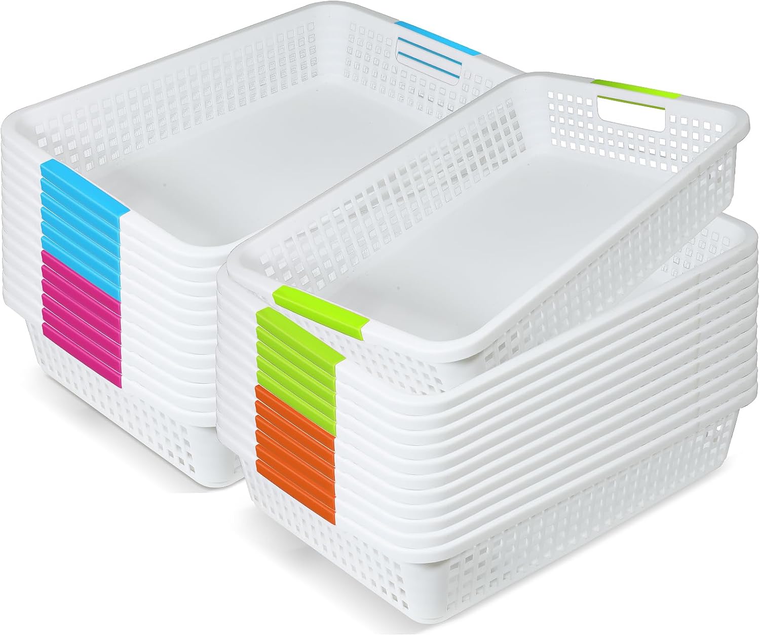 24 Pack Classroom Storage Baskets 15''x10''x3'' Large Plastic Classroom Paper Trays with Handle Letter Size A4 Paper Toy Basket Turn in Trays for Library, Office Desk Drawer Organizing (24, White)