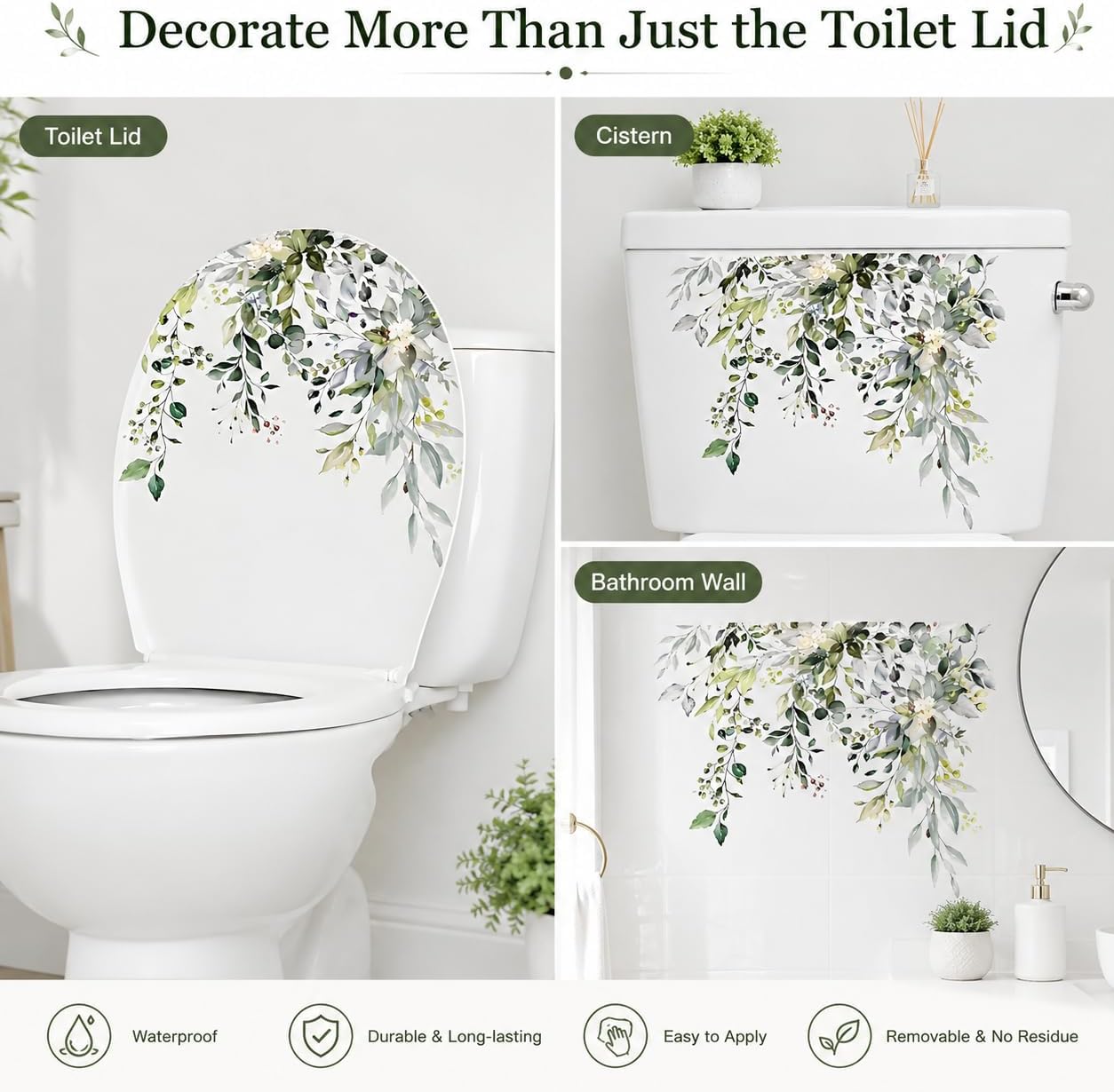 Green Leaf Floral Toilet Seat Lid Stickers, Green Plant Leaves Flowers Toilet Seat Lid ，Waterproof Bathroom Wall Stickers, Decals for Toilet Lid/Cistern, Removable Self-Adhesive Bathroom Decor