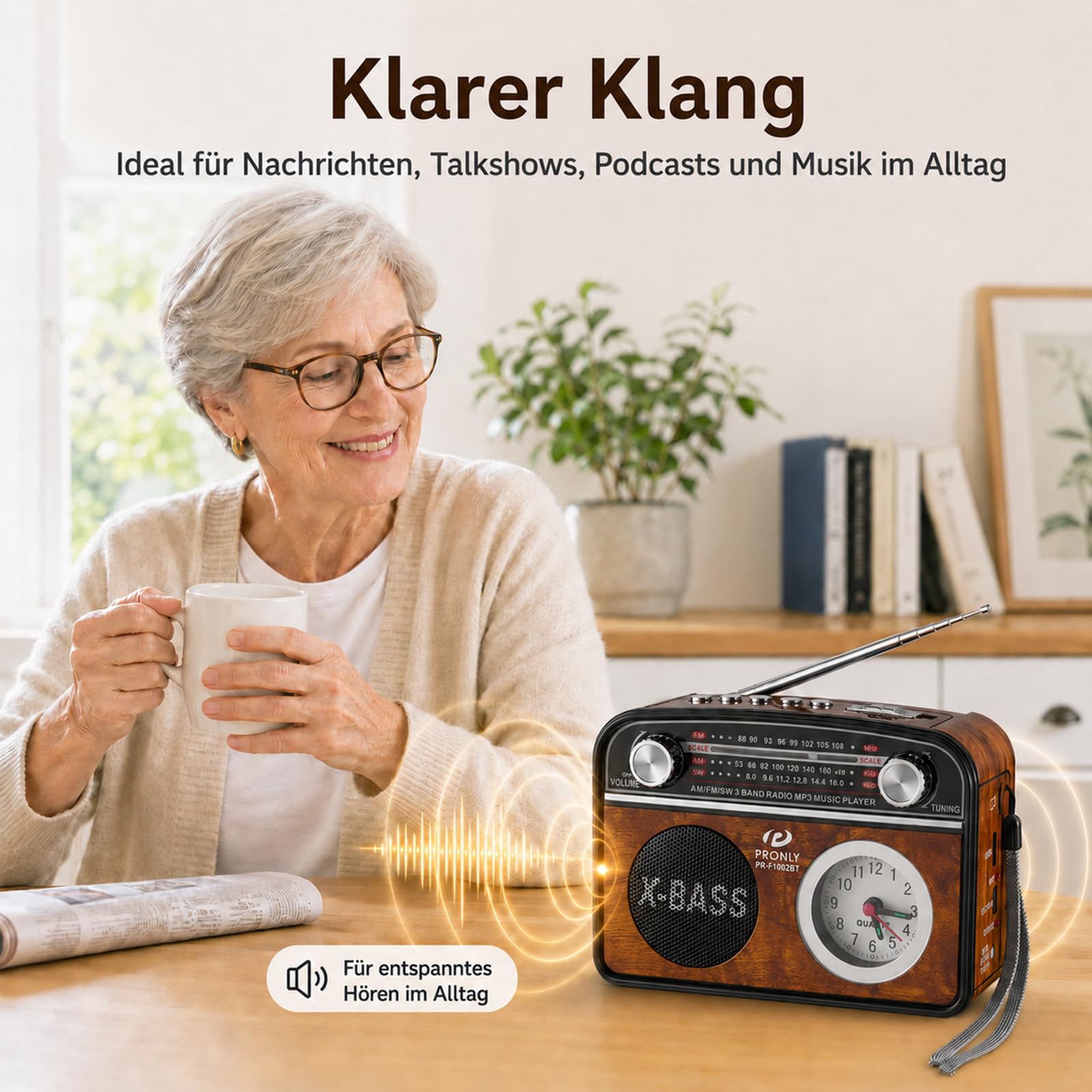 Portable AM/FM Radio mit Bluetooth im Vintage-Stil, Radio Batteriebetrieben mit Uhr & Taschenlampe, USB/TF-Wiedergabe, für Camping, Alltag & Notfälle, Holzoptik (PR-1002BT)