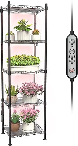 Soporte para plantas con luces de crecimiento, estante de metal de 5 niveles con 4 luces de crecimiento de espectro completo de 40 W, temporizador