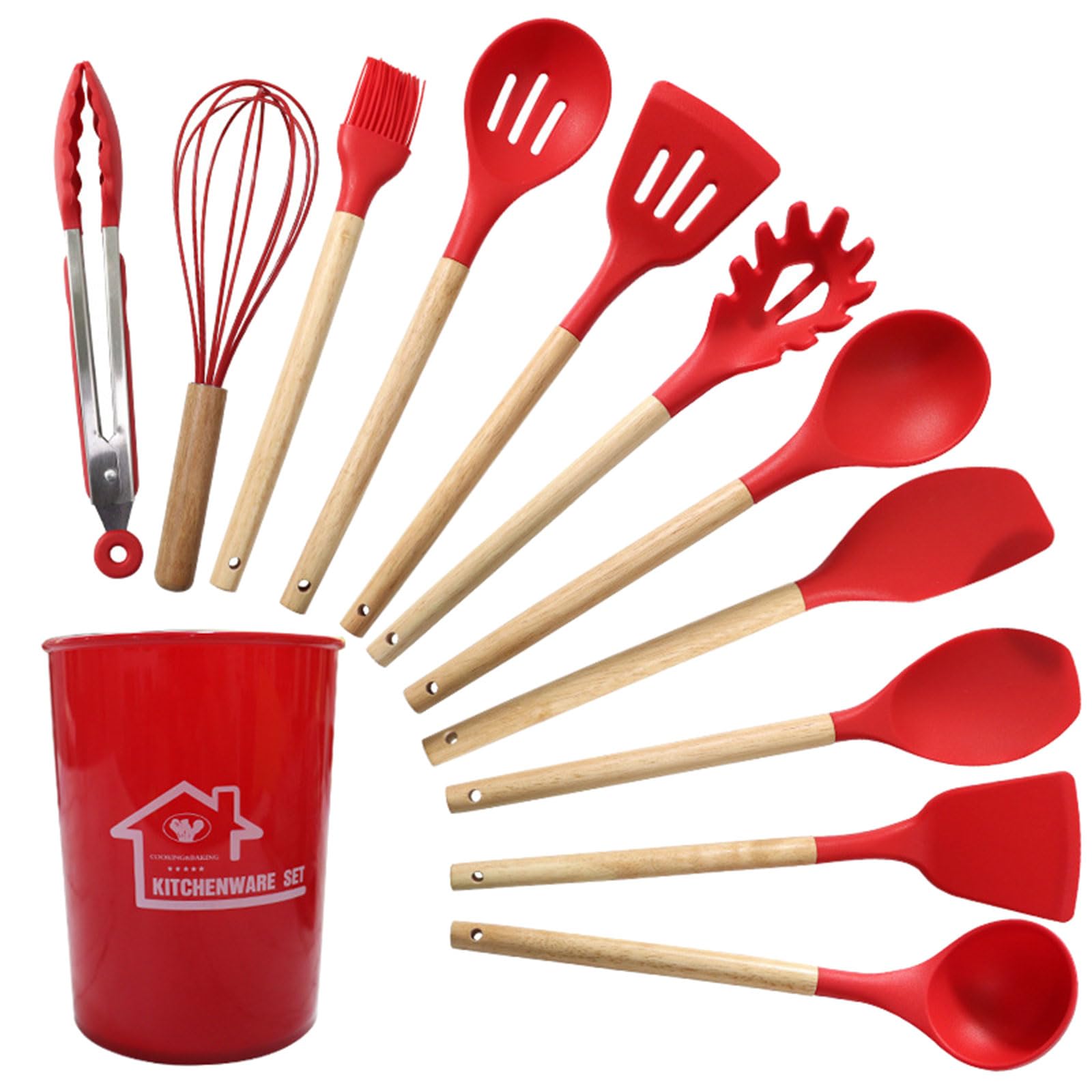 Tsophreniq 12Piece Silicone Turner Tongs Spatula Spoon Kitchen Gadget Utensil Set for Nonstick Cookware with Wood Handle Home Silicone Spatula with Wood Handle Easy to Clean