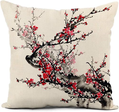 Funda de almohada de lino rojo japonés con flor de ciruelo en pintura tradicional china, rosa, decoración del hogar, funda de almohada de 20 x 20