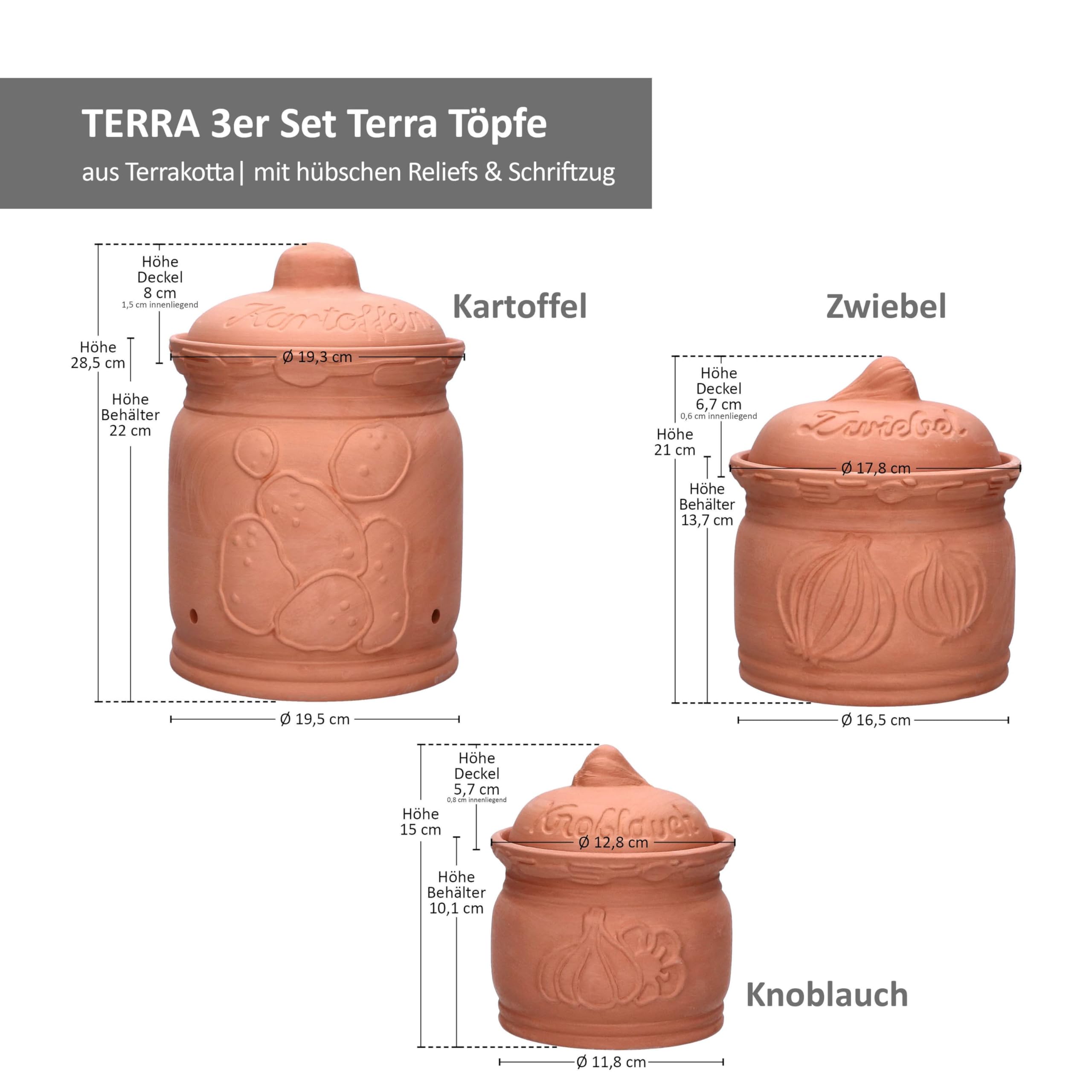 MamboCat 3er Set Terra Kartoffeltopf, Zwiebeltopf & Knoblauchtopf aus Terrakotta I Tontöpfe mit Deckel für Ihre Küche I Aufbewahrungsdose mit Relief & Schriftzug I Ideal für die Lange Lagerung