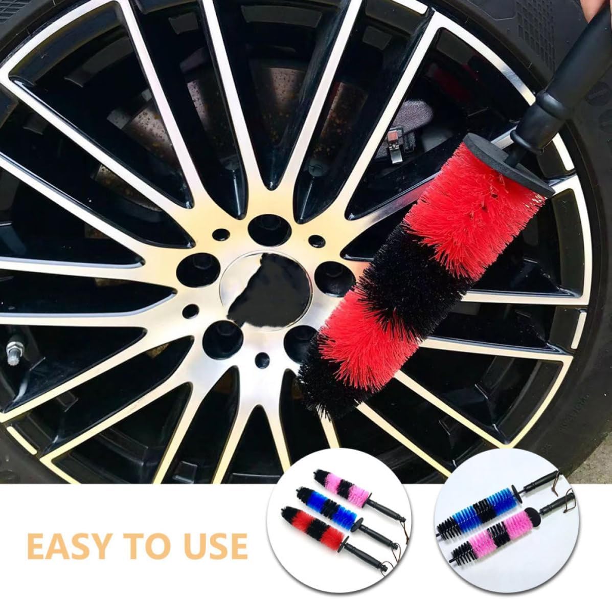 Ipetboom 3 Pcs Car Wheel Cleaning Brush Set with Extended Design and Steel Wire Bristles for Thorough Cleaning of Wheels and Tires Red Tire Brush Rims of Vehicle Models
