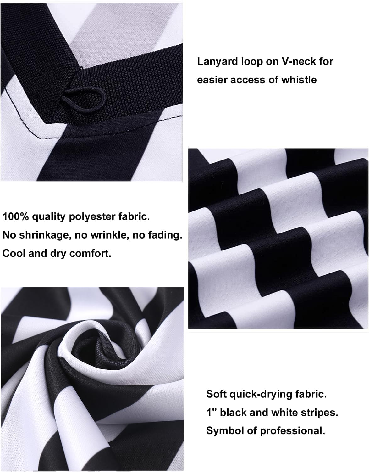 Men Referee Shirt, Official Black Stripe Ref Umpire Jersey, Pro-Style V-Neck Uniform, Basketball, Football - Image 4