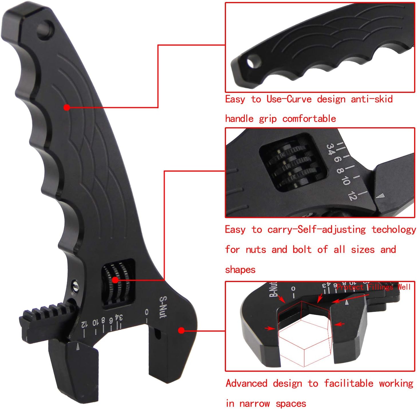 AN Hose Fitting Wrench Adjustable Spanner AN3-12 Adapter End Connector Aluminum Anodizing (Black, AN3-AN12) Universal